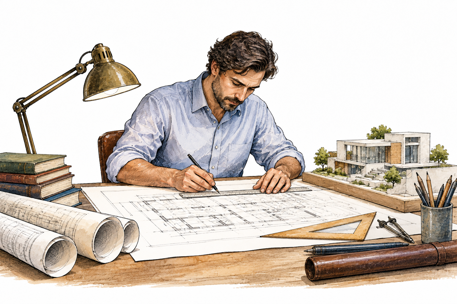 A skilled architect works with drafting tools and a model at a professional desk, specialized trained occupation.