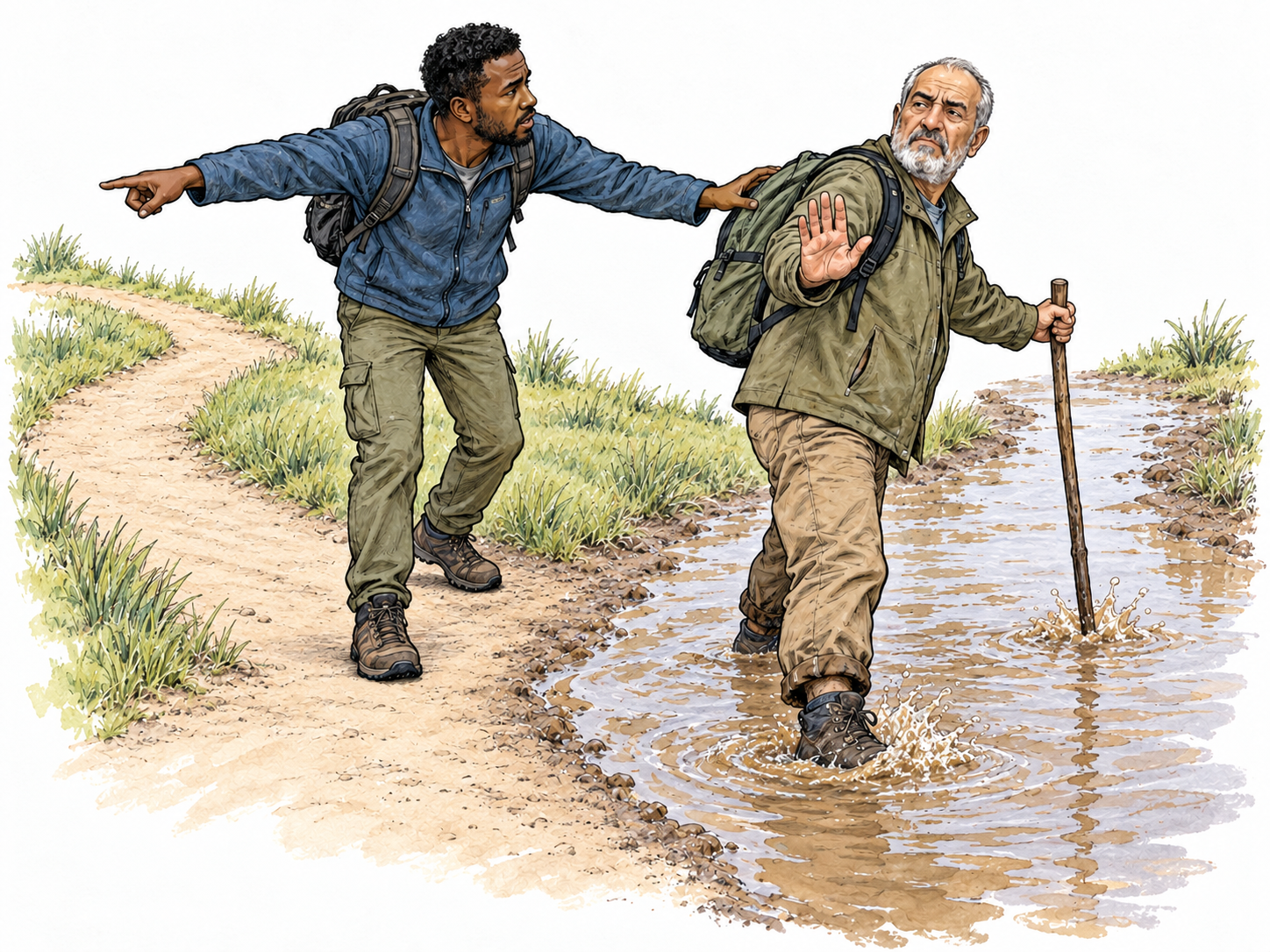 At a fork in a walking path, an older man actively presses into visibly flooded ground despite a companion urging him toward the adjacent dry branch.