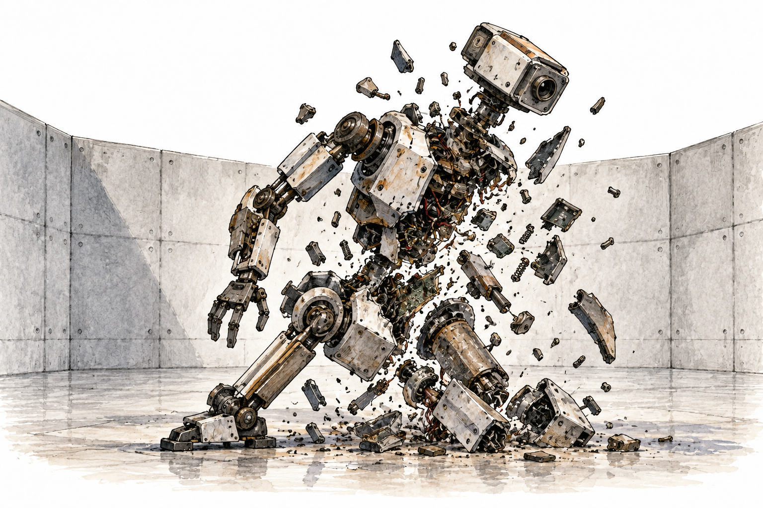 A decommissioned robotic device breaks itself into fragments through its internal self-destruct mechanism in an empty secure test enclosure, no instructions or explosives details.