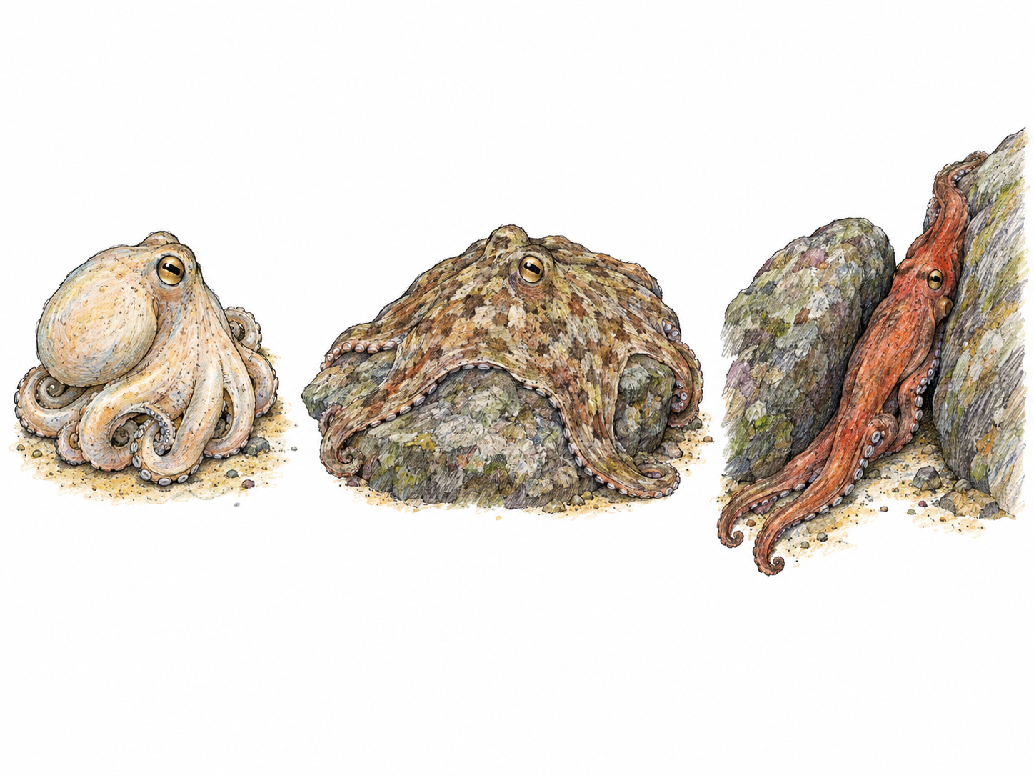 Three small sequential views of the same octopus changing its shape and coloration: rounded and pale on sand, flattened and mottled against a rock, then elongated and reddish as it slips through a narrow crevice.