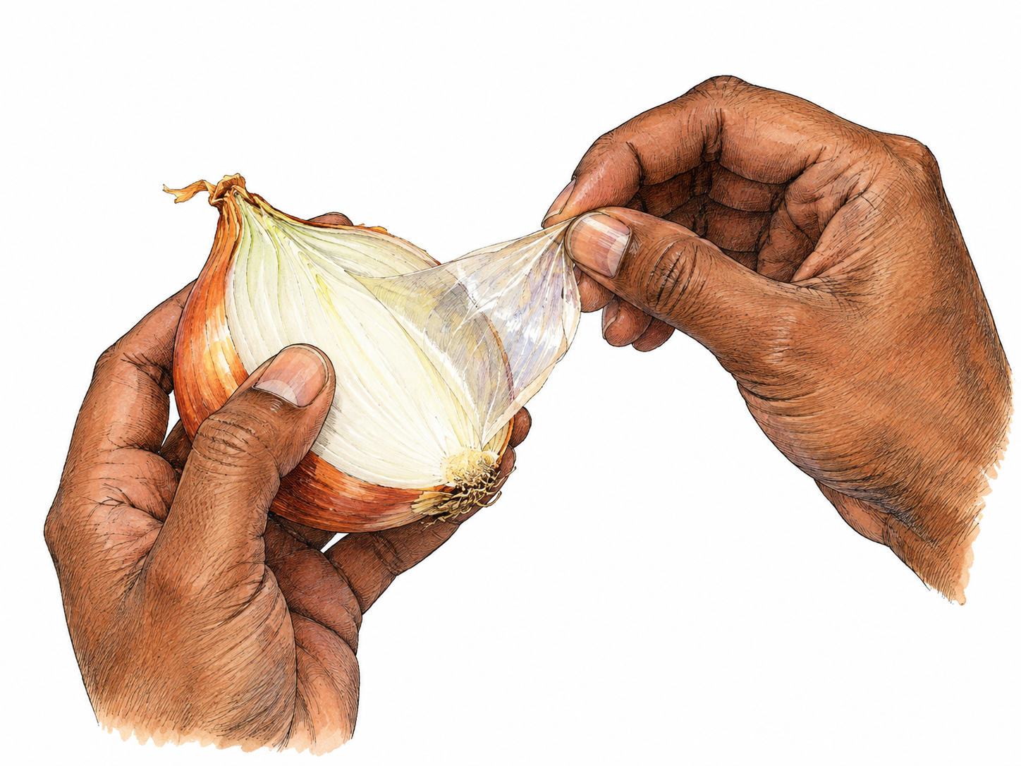 Two hands peel an extremely thin translucent membrane from the inside of a halved onion, flexible sheet catches light, clearly delicate texture.