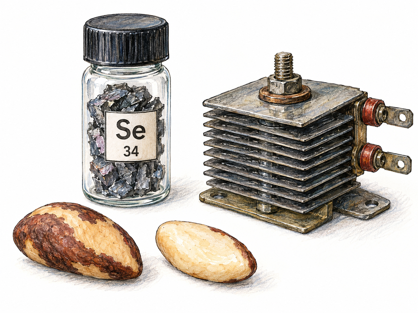 A clearly identified selenium specimen in a sealed laboratory vial, accompanied by a vintage selenium rectifier and two Brazil nuts as restrained cues to its electronic and nutritional uses.