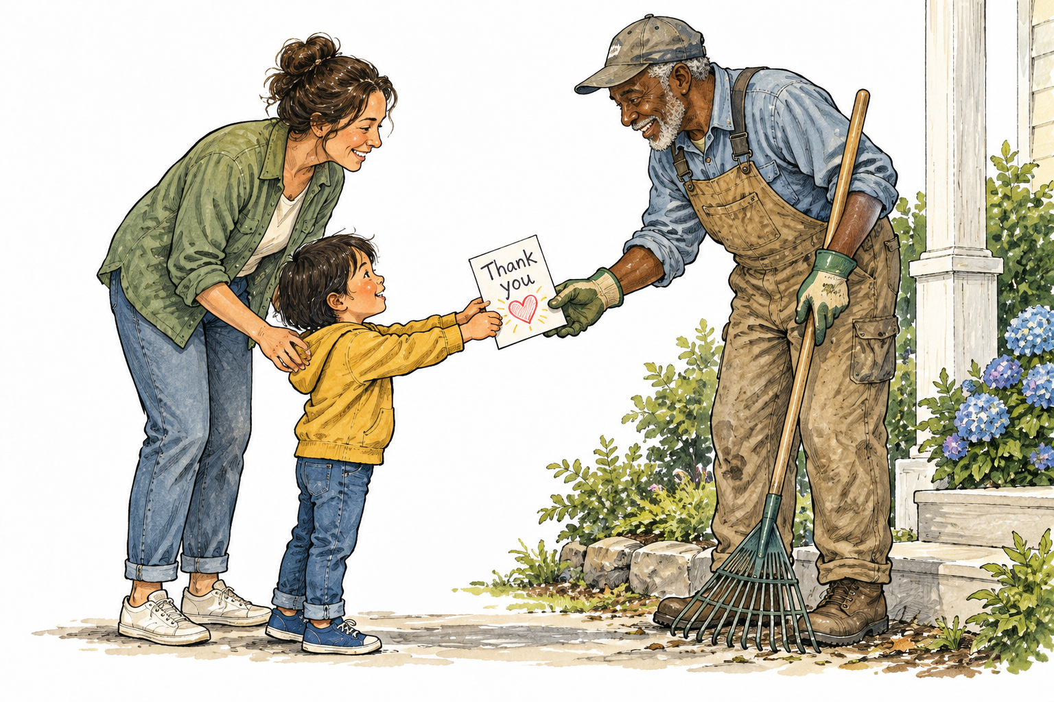 A child and parent present a simple handwritten Thank you card to a helpful neighbor.