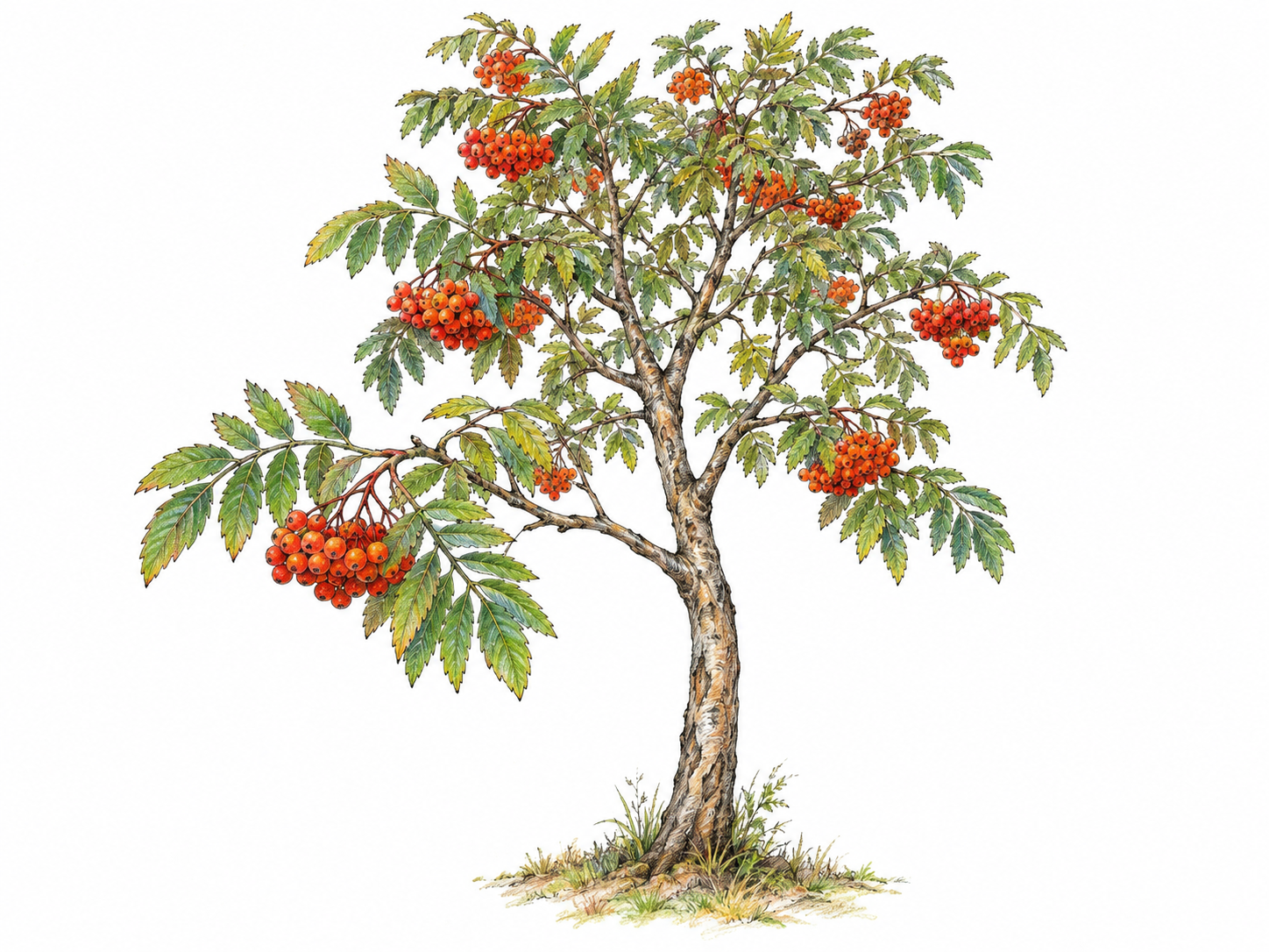 A small rowan tree bearing dense clusters of orange-red berries and pinnately divided leaves, with one low branch clearly showing the berry clusters and paired leaflets.