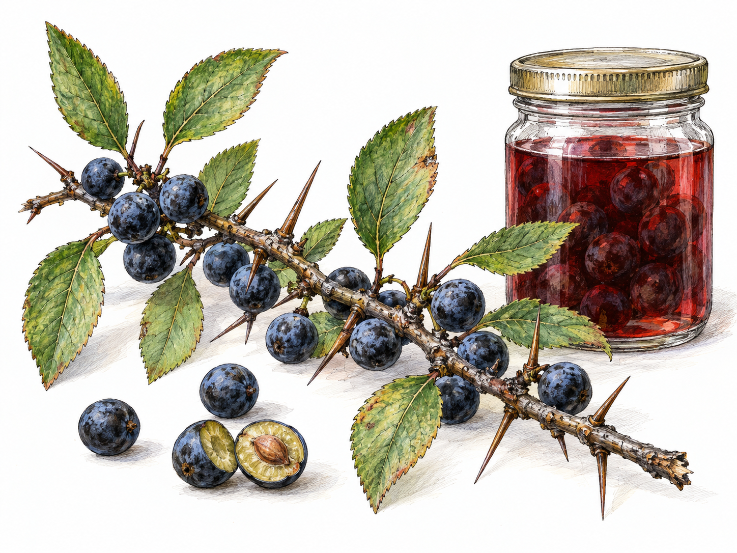 A close botanical still life of blue-black sloes on a thorny blackthorn twig, with loose fruit and one cut fruit revealing its single stone; a small jar of sloes steeping in ruby-colored spirit provides the culinary-use cue.
