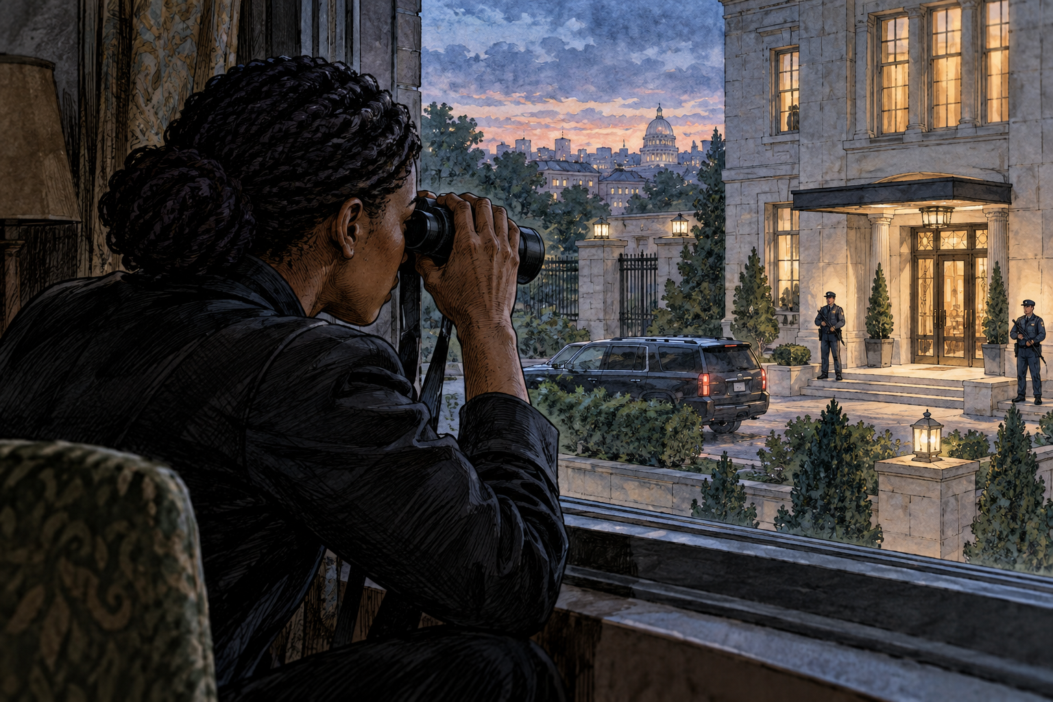 A fictional spy covertly observes a guarded building through binoculars from a shadowed window, discreet information gathering, no tactical diagram or writing.