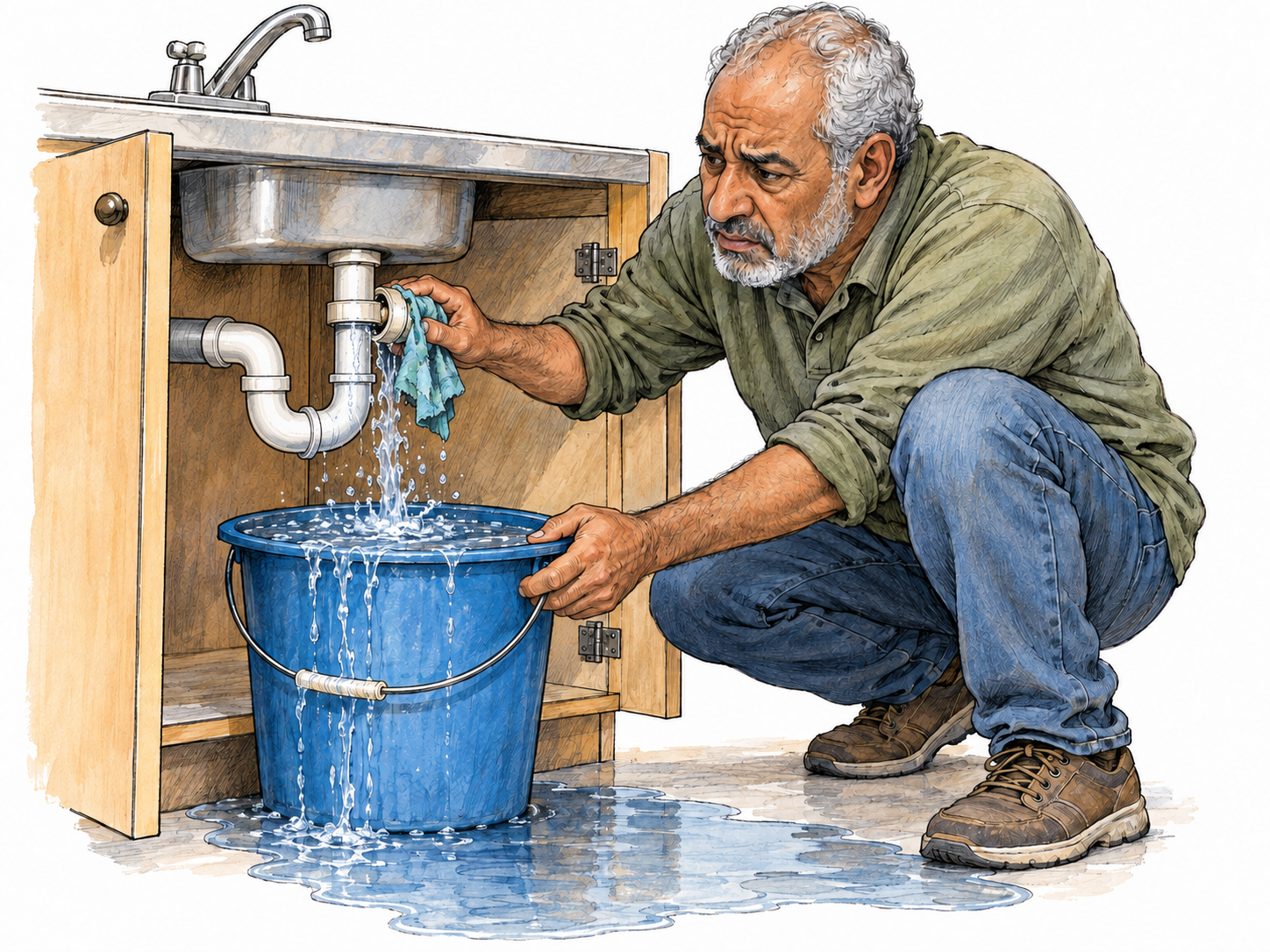 An older man crouches beside a leaking kitchen pipe, trying to catch the steady stream in an almost overflowing bucket.