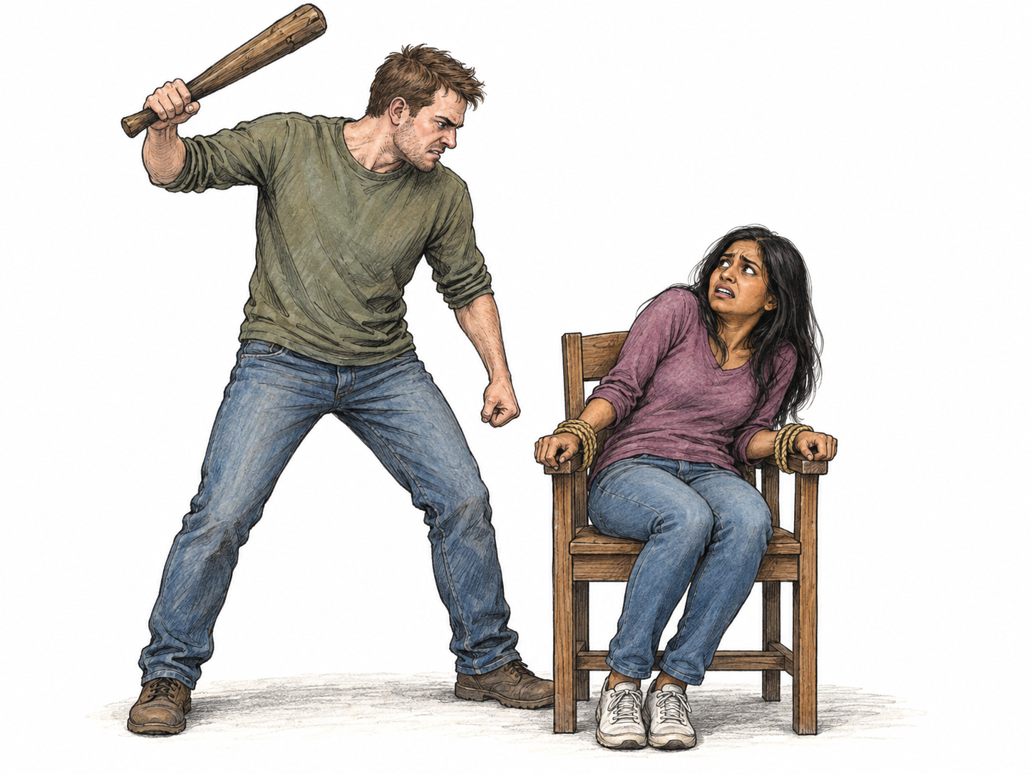 A captor raises a heavy club over a bound, defenseless captive who recoils in terror: a stark, non-graphic depiction of morally horrible cruelty.