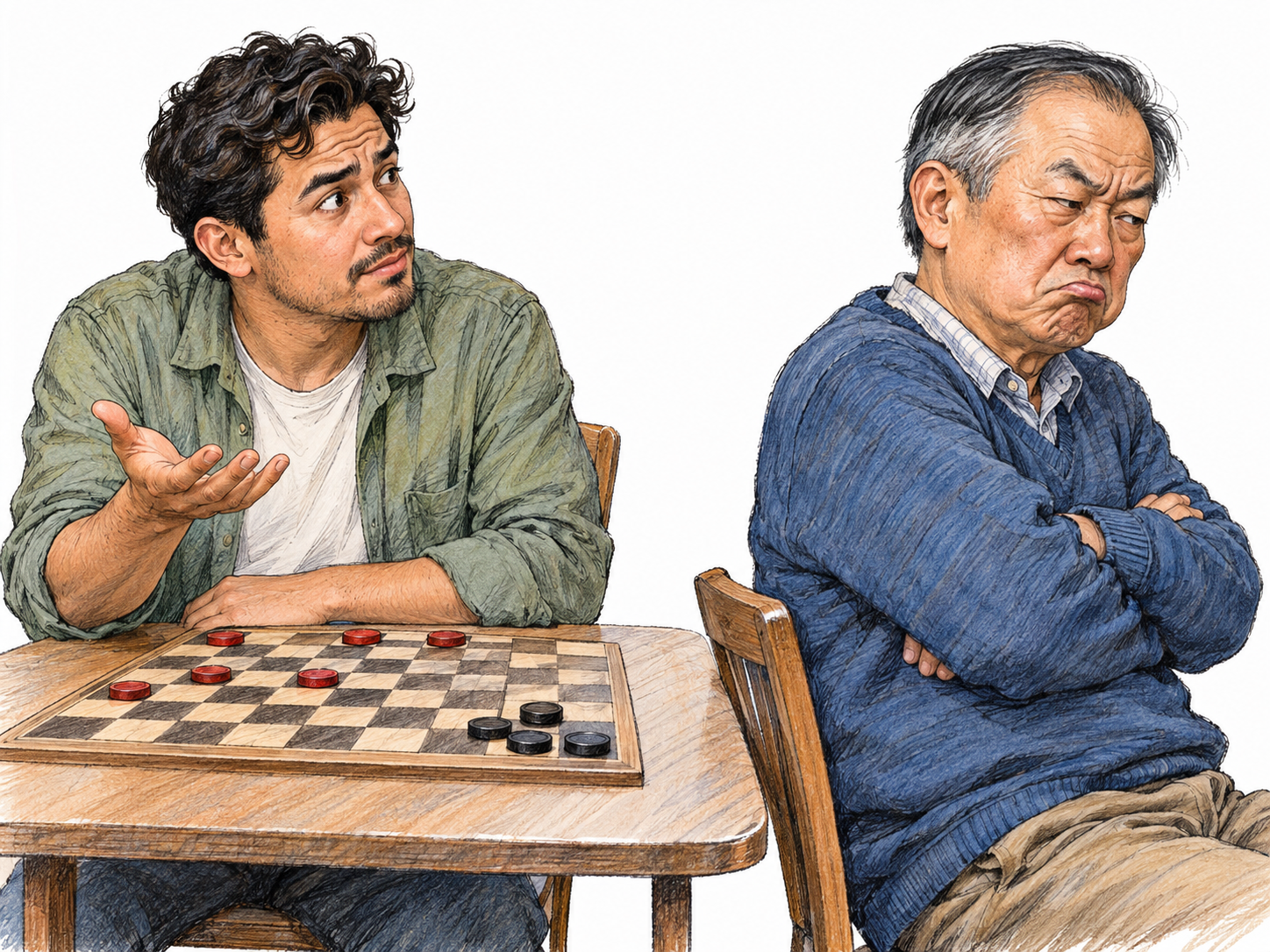 An older man reacts childishly to losing a simple board game: he folds his arms tightly, juts out his lower lip, and turns away from the table after pushing his playing piece aside.