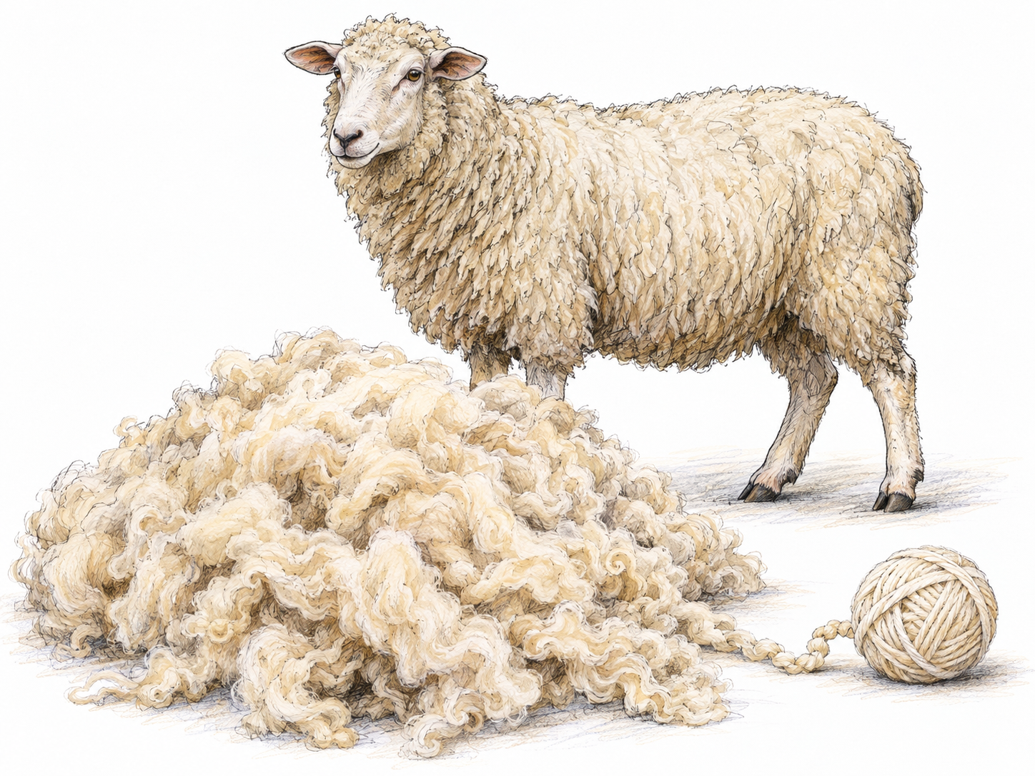 A small mound of freshly shorn cream-colored wool with distinct crimped locks fills the foreground; a woolly sheep directly behind establishes the animal source.