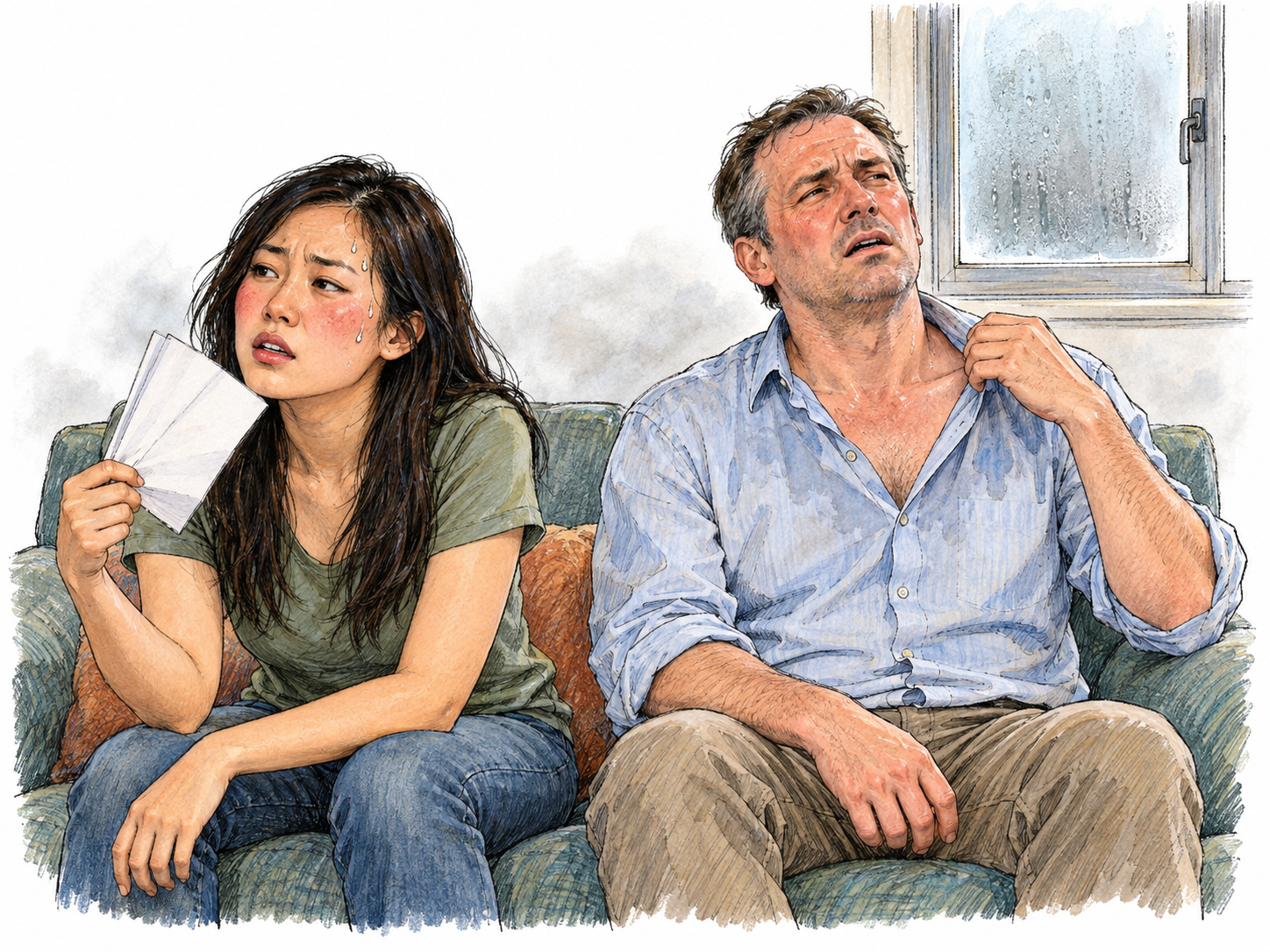 Two uncomfortable occupants in a small, poorly ventilated room: one fans her flushed face while the other loosens his collar beside a firmly closed, condensation-clouded window.