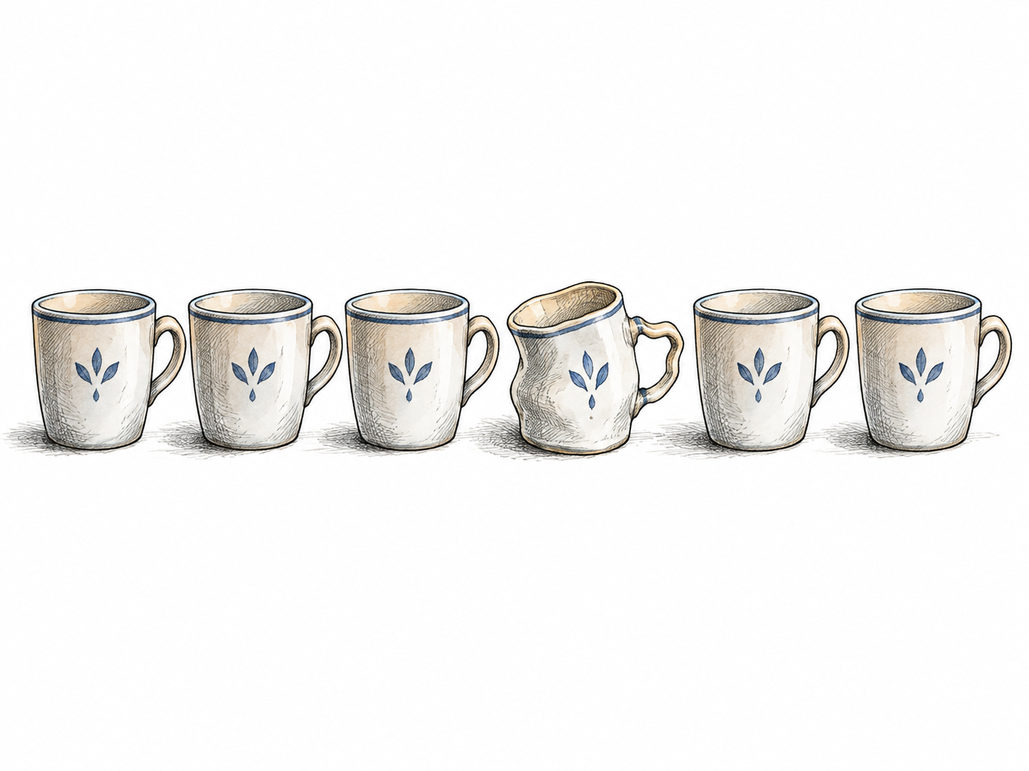 One misshapen ceramic cup differs clearly from five matching standard cups in a row; unusual deviation, no stigmatizing person.
