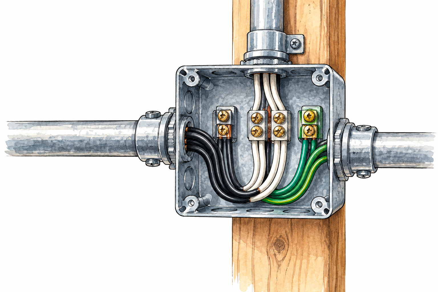 A neat household electrical junction box with insulated wires connected to terminals and routed through conduits, schematic educational overview, no instructions or text.