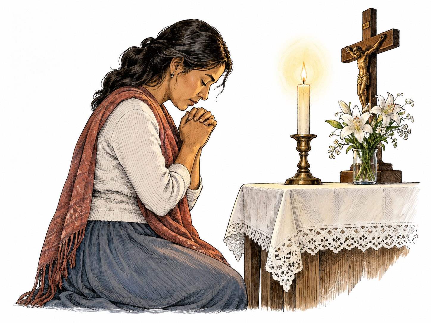 Quiet prayer at a small candlelit altar, reverent bowed posture and hands folded communicate holiness; crisp ink with restrained candle wash and white surrounding space, no script or slogans.