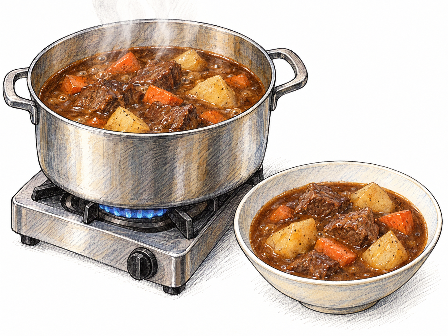 A close view of a pot of hearty stew gently simmering, with large tender-looking pieces of meat, potato and carrot in thick gravy; a serving bowl beside it makes the finished dish immediately recognizable.