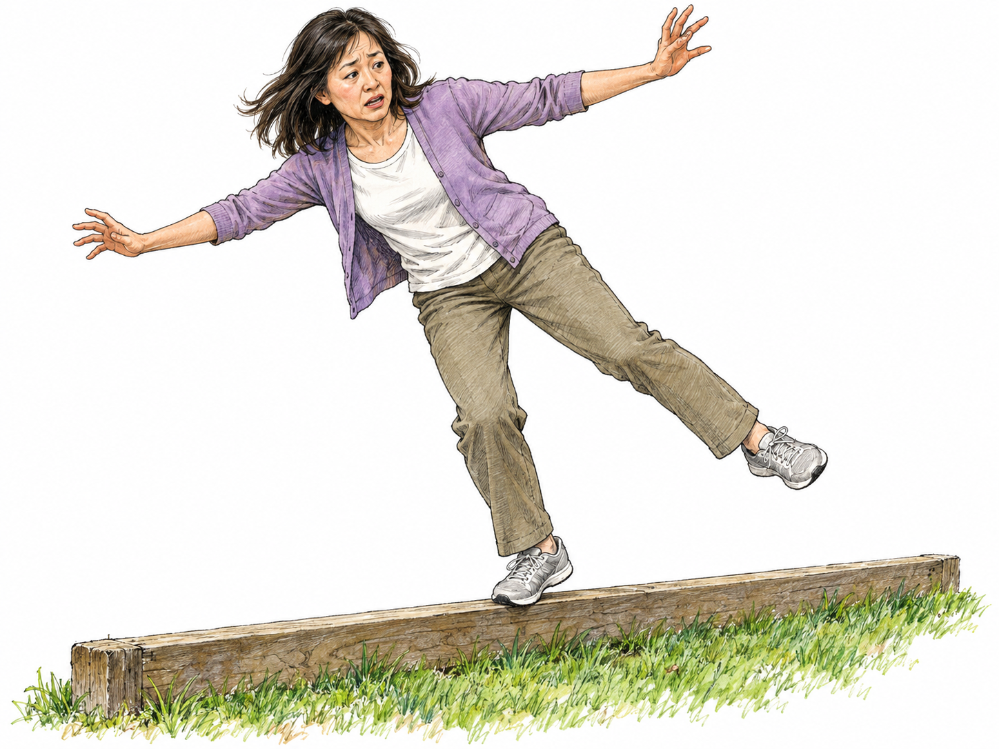 A woman wobbles on a low, narrow garden edging beam, one foot tipping sideways and her arms thrown in opposite directions as she struggles not to fall.