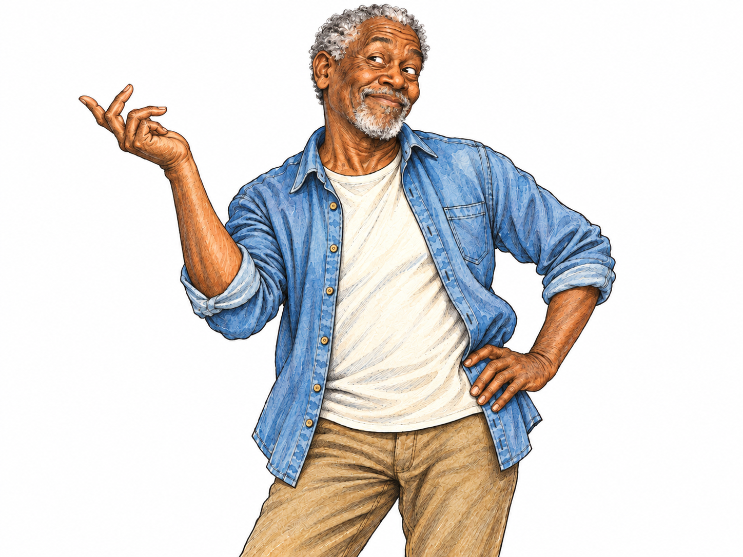 An older man gives a cheeky, exaggerated pose: one hand planted on his hip, chin cocked, eyebrow raised, and a mischievous sideways grin, while flicking his other hand outward in playful dismissal.
