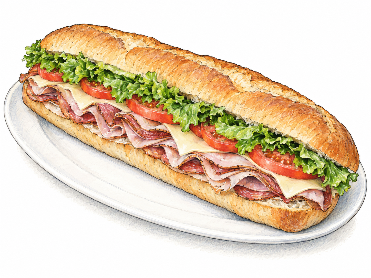 A large hoagie on a plain plate, its long split roll filled with folded deli meats, cheese, lettuce and tomato, shown at a three-quarter angle so its elongated shape and generous filling are clear.