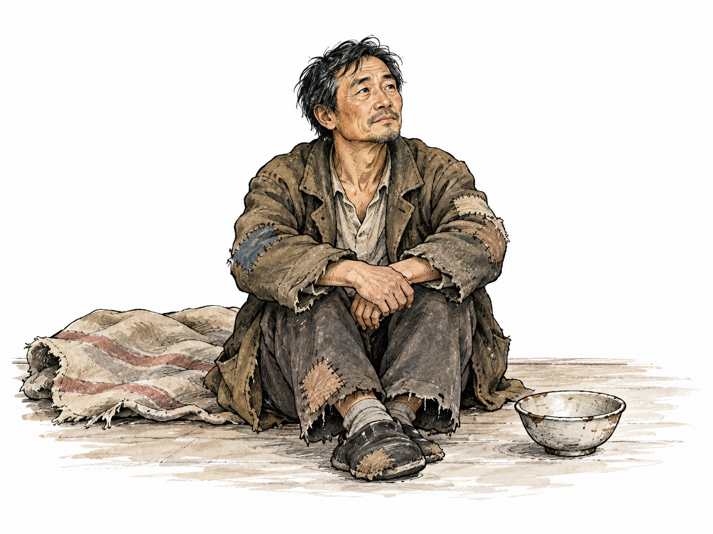 A dignified extremely poor adult sits in a sparse room with a thin blanket, empty bowl and worn patched coat, material lack central rather than shame or exaggerated dirt.