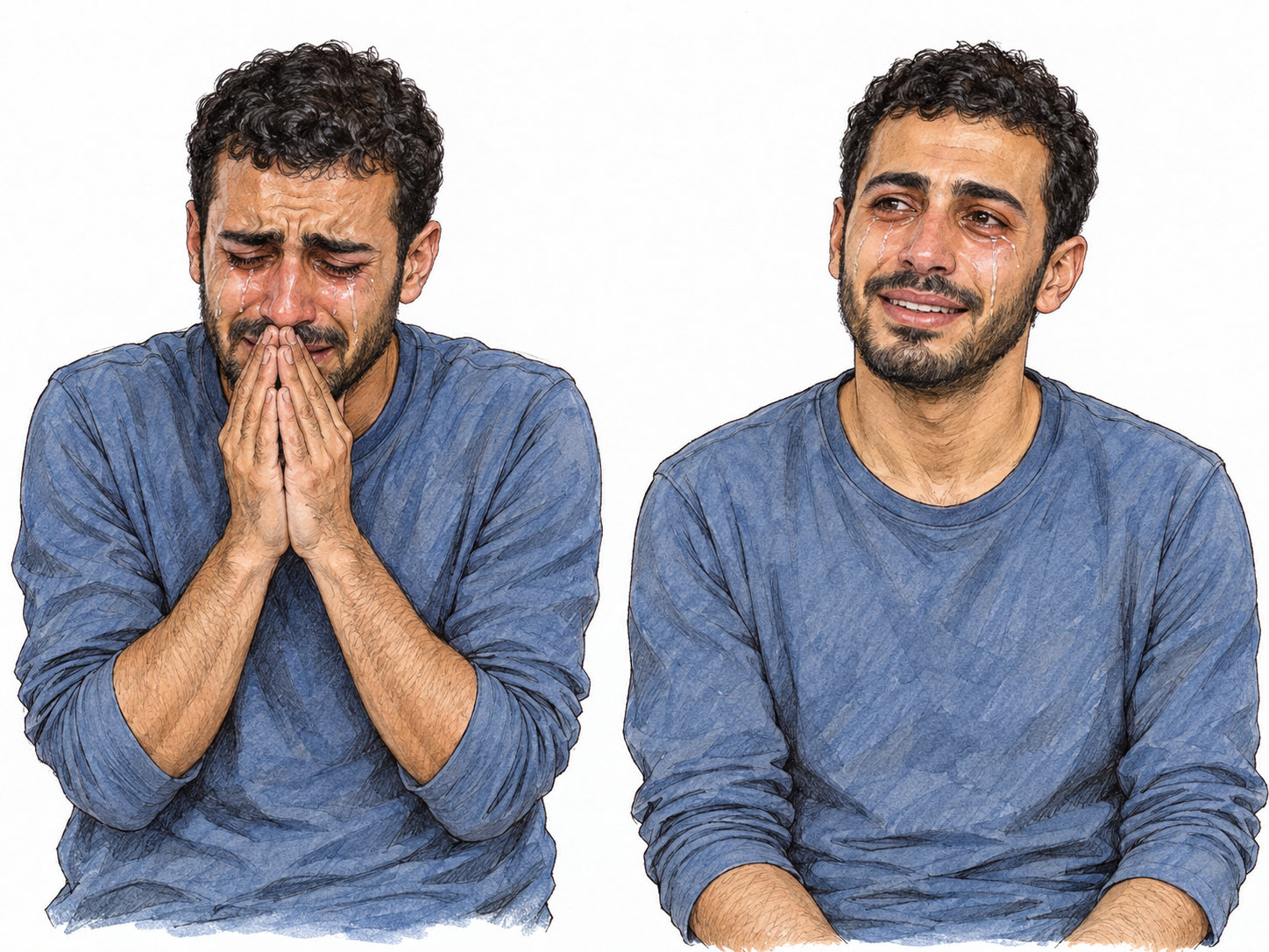 A compact two-moment sequence shows a young man finding relief through crying: first visibly overcome with tears and tension, then still tearful but breathing easily with lowered shoulders and a small relieved smile.