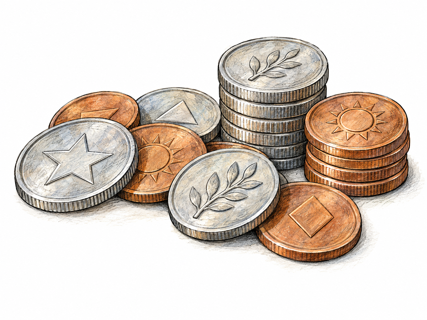 Loose coins and short coin stacks fill the foreground.