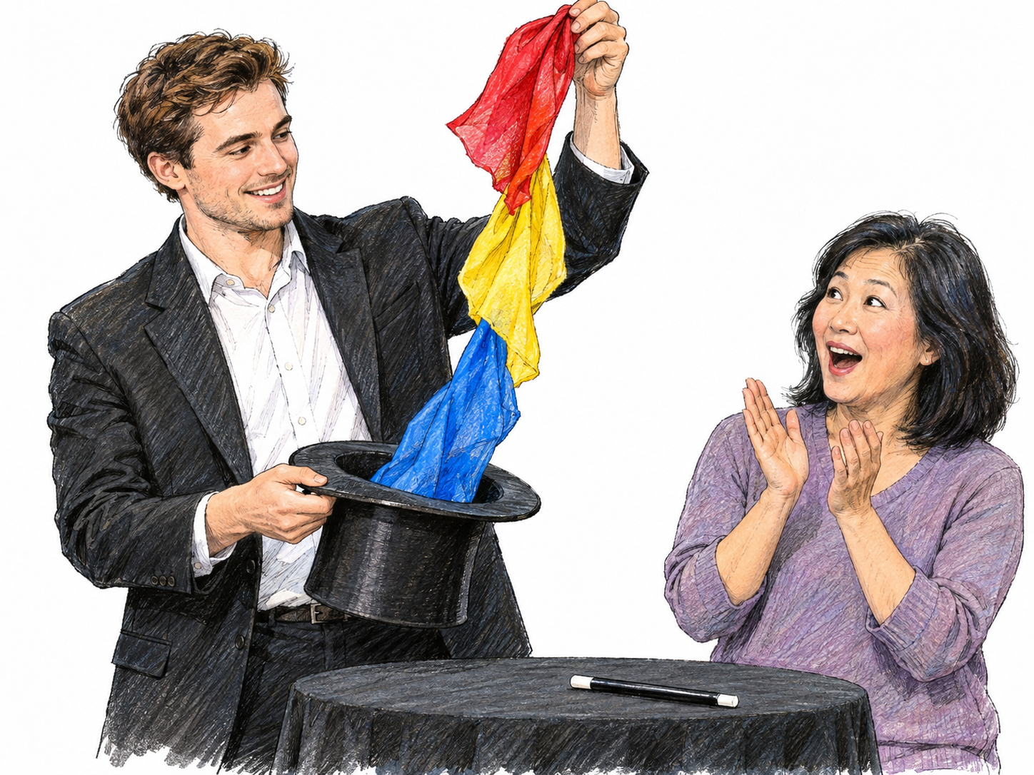A stage magician visibly pulls a long chain of brightly colored silk scarves from an otherwise empty top hat while an audience volunteer watches in delighted surprise.