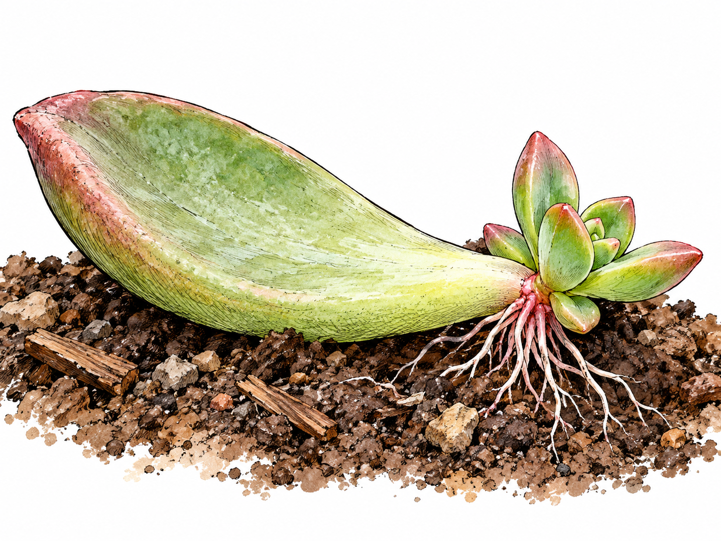 A succulent leaf resting on soil produces tiny roots and a new plantlet at its base.