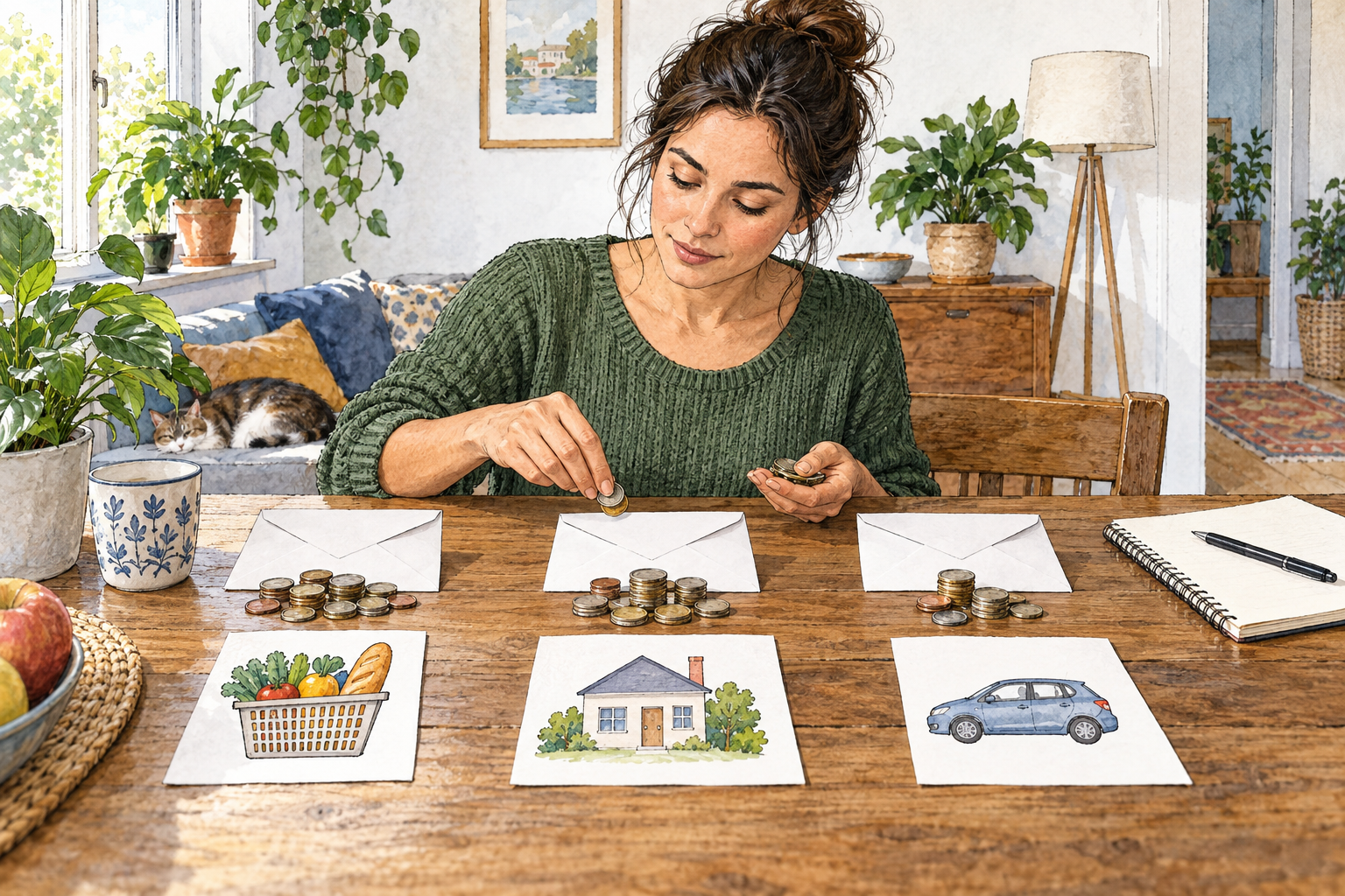 A woman plans a household budget with several small piles of coins allocated into plain envelopes beside simple expense pictograms for food, home and transport, no words or numerals.
