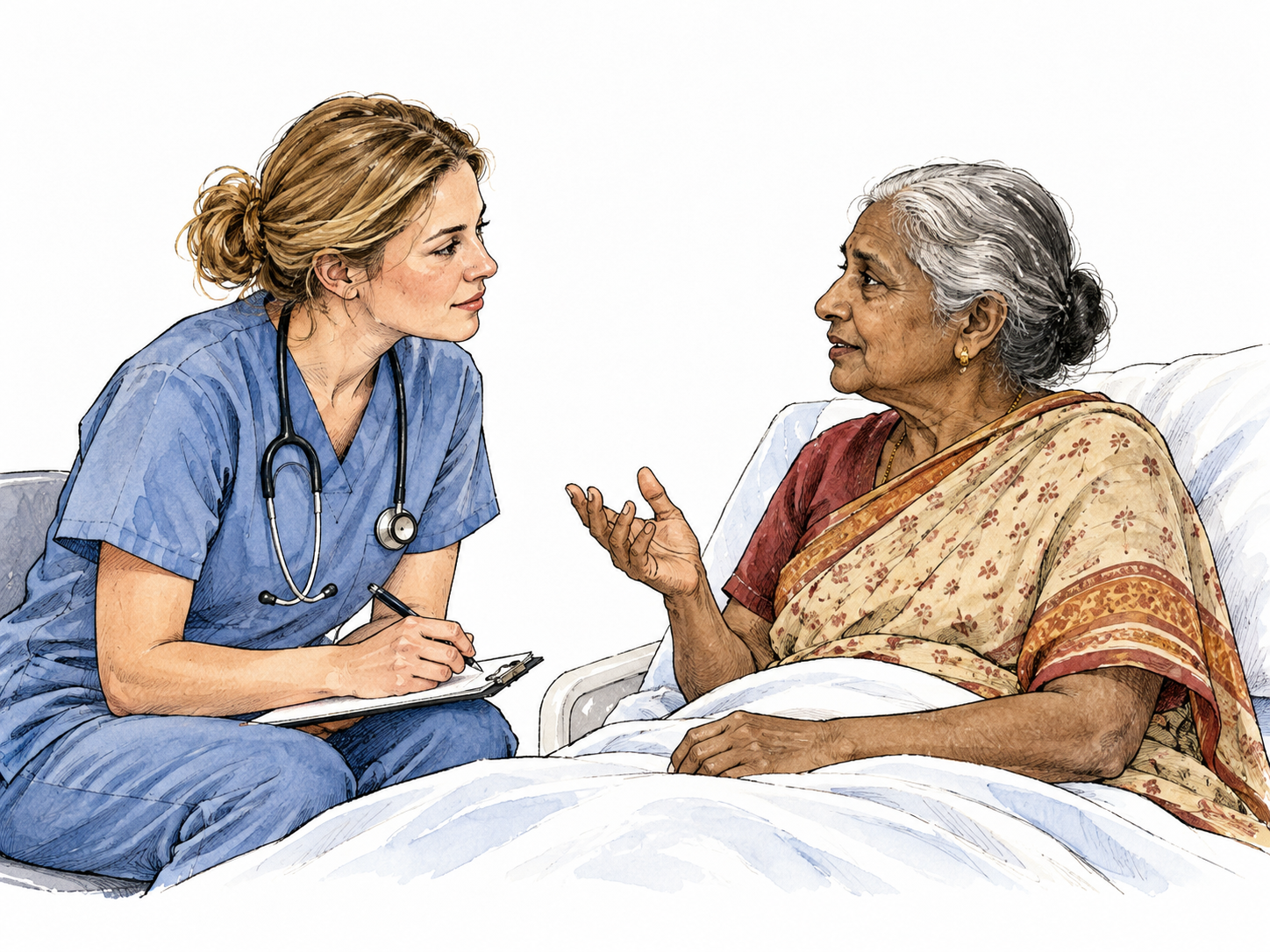 A white nurse listens carefully to an older South Asian patient, engaged eye contact.