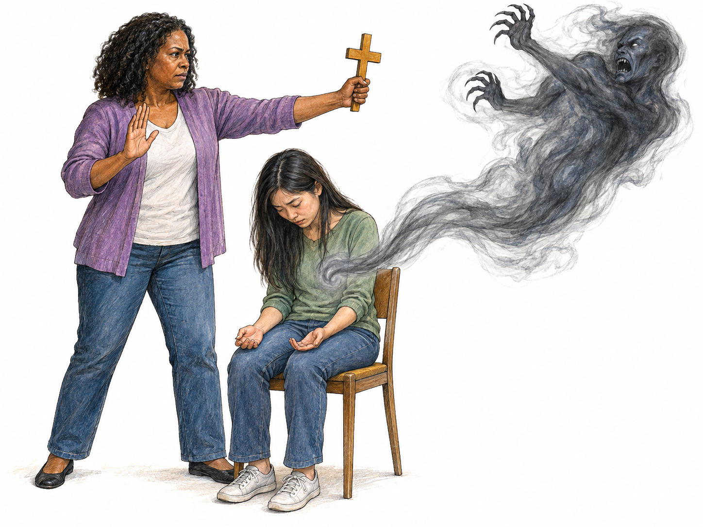 A woman performs a prayer ritual beside a seated woman as a sinister, translucent spirit visibly emerges from the seated woman's upper body and recoils from the raised cross.
