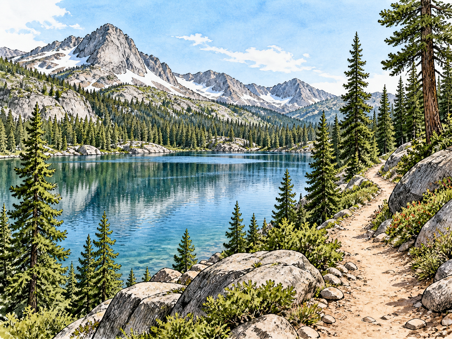 Beautiful mountain lake with pines and winding trail.
