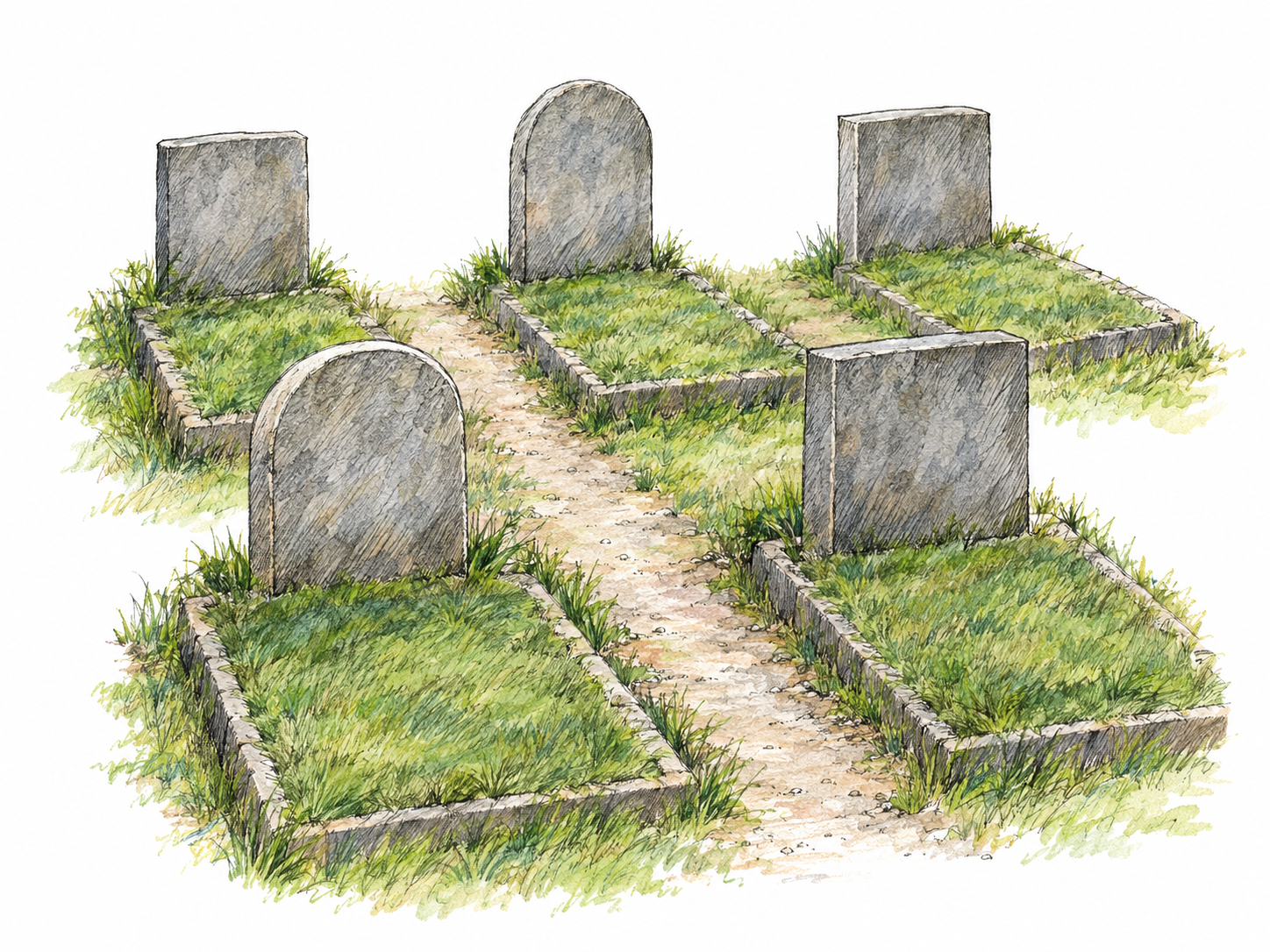 A quiet burial ground with several upright gravestones marking individual graves beside a narrow grass path, with no people present.