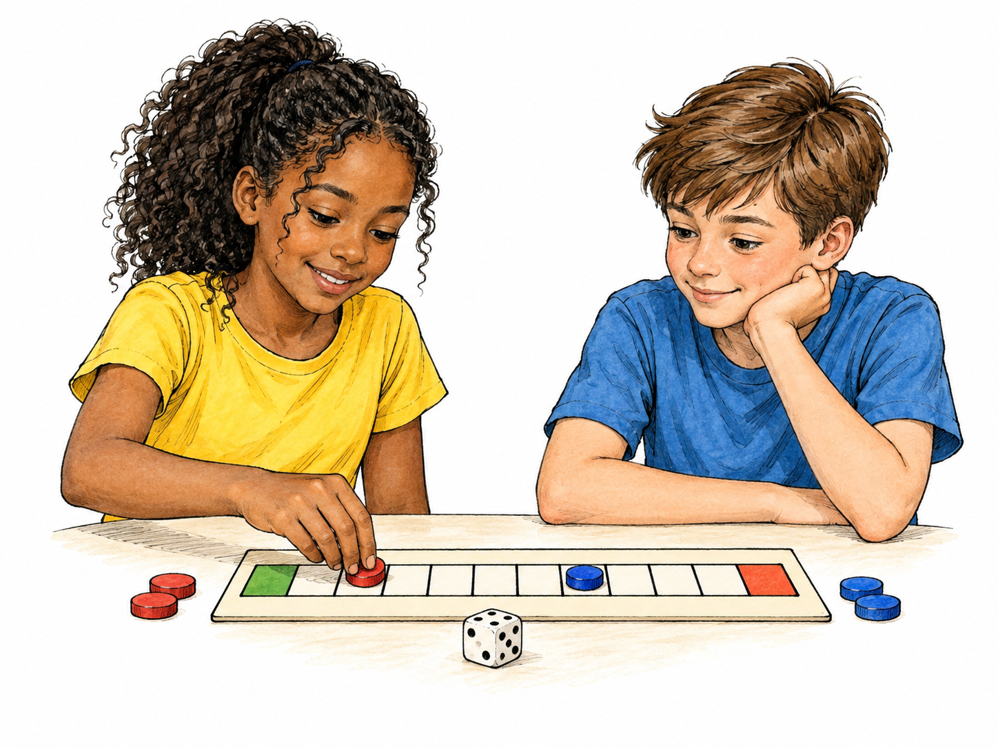 Two children take turns moving plain counters on simple race board toward end square; die and attentive fair competition clearly game, no writing or crowded board symbols.