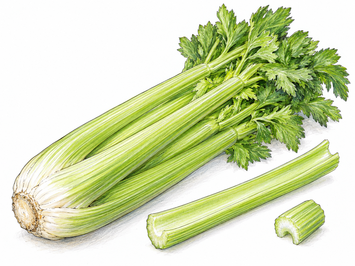A fresh bunch of pale-green celery with long, visibly ribbed stalks and a few leafy tops, accompanied by one separated stalk and a freshly cut piece showing its crescent-shaped cross-section.