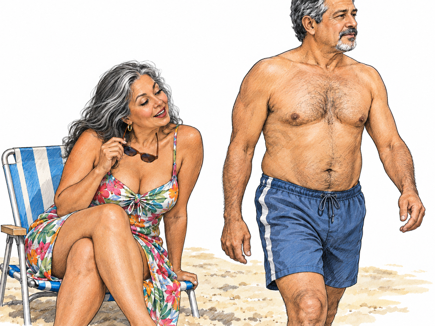 A woman conspicuously turns to stare at a passing man's bare torso, her eyes directed below his face and her parted-lip smile showing obvious sexual attraction rather than ordinary attention.