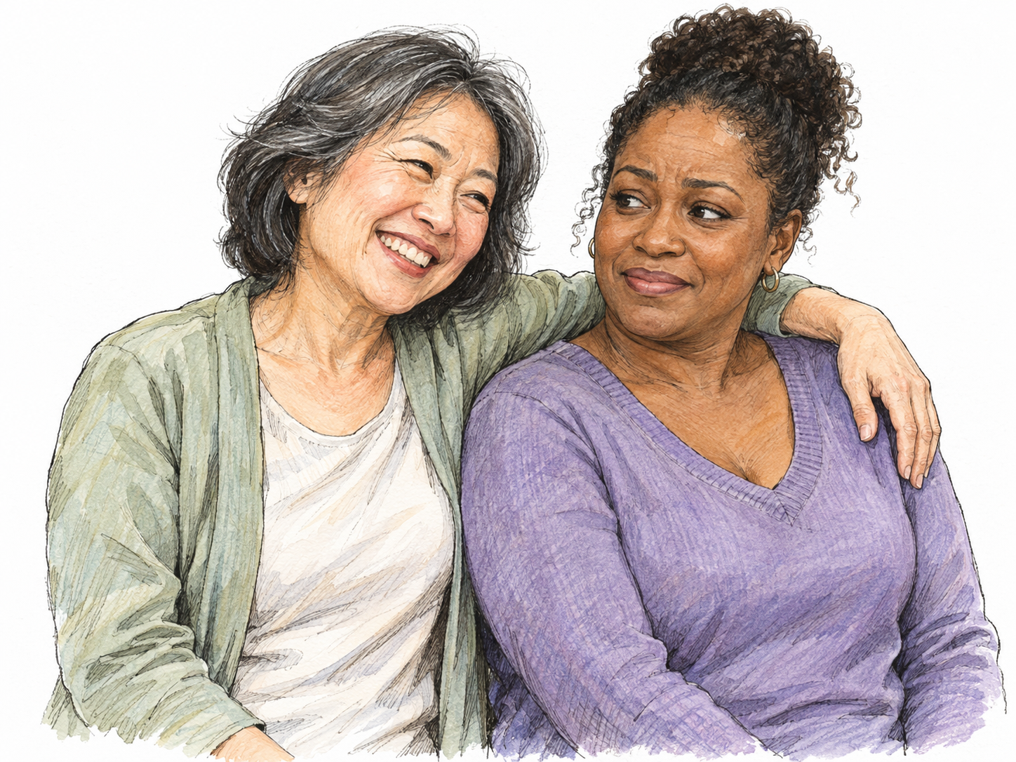 An overly familiar woman warmly drapes an arm around a new acquaintance's shoulders, while the acquaintance gives a polite, strained smile and leans slightly away.