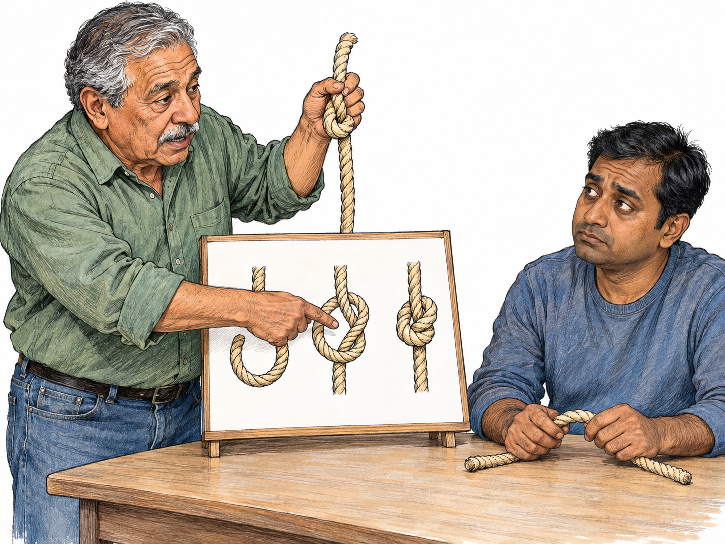 An instructor delivers an emphatically step-by-step lesson in tying a knot, using a large instructional sequence and a real rope while an adult learner looks wearied by the overinstruction.