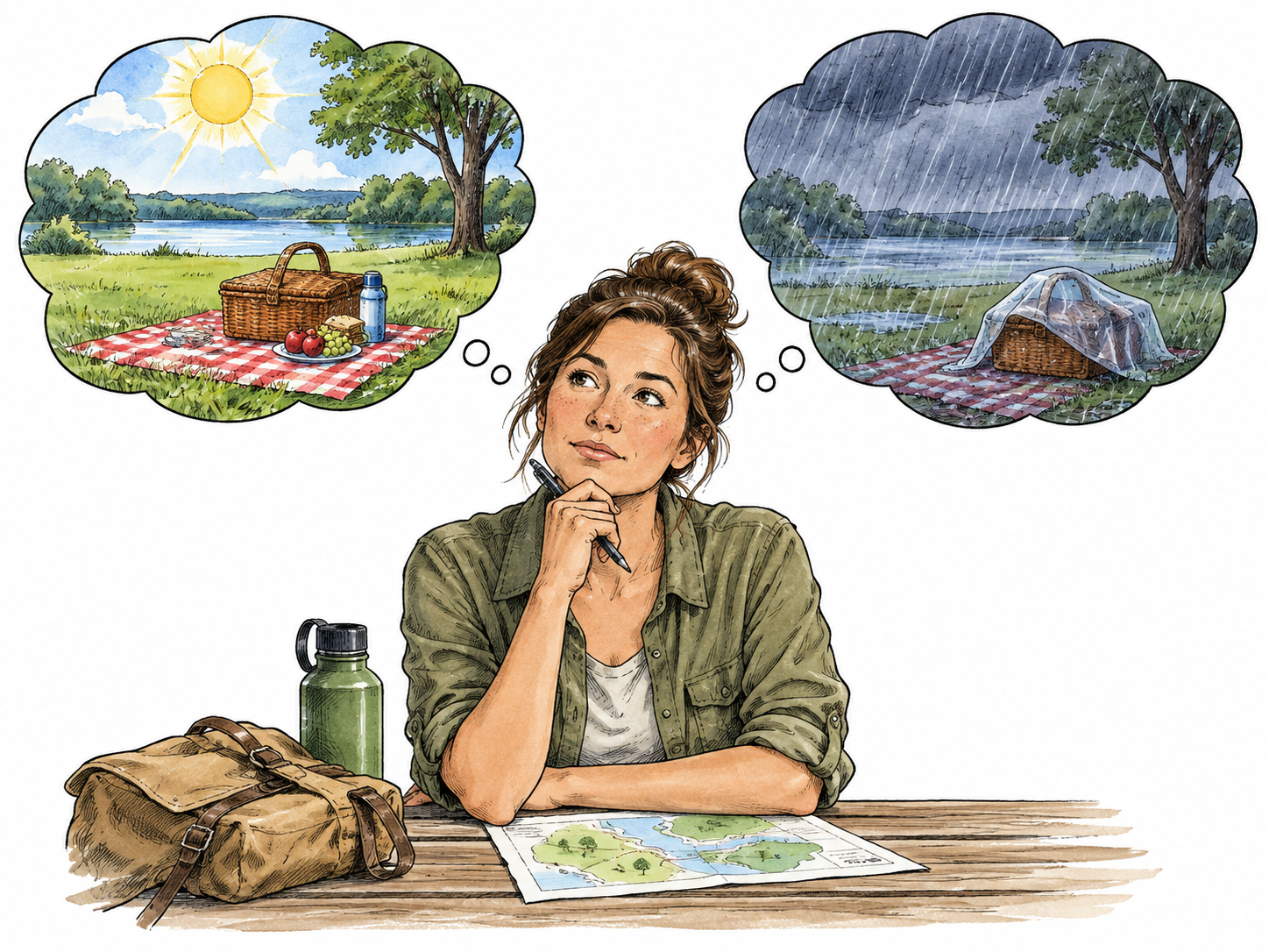 Planner considers two possible weather scenarios for outdoor picnic, sun and rain in thought bubbles.