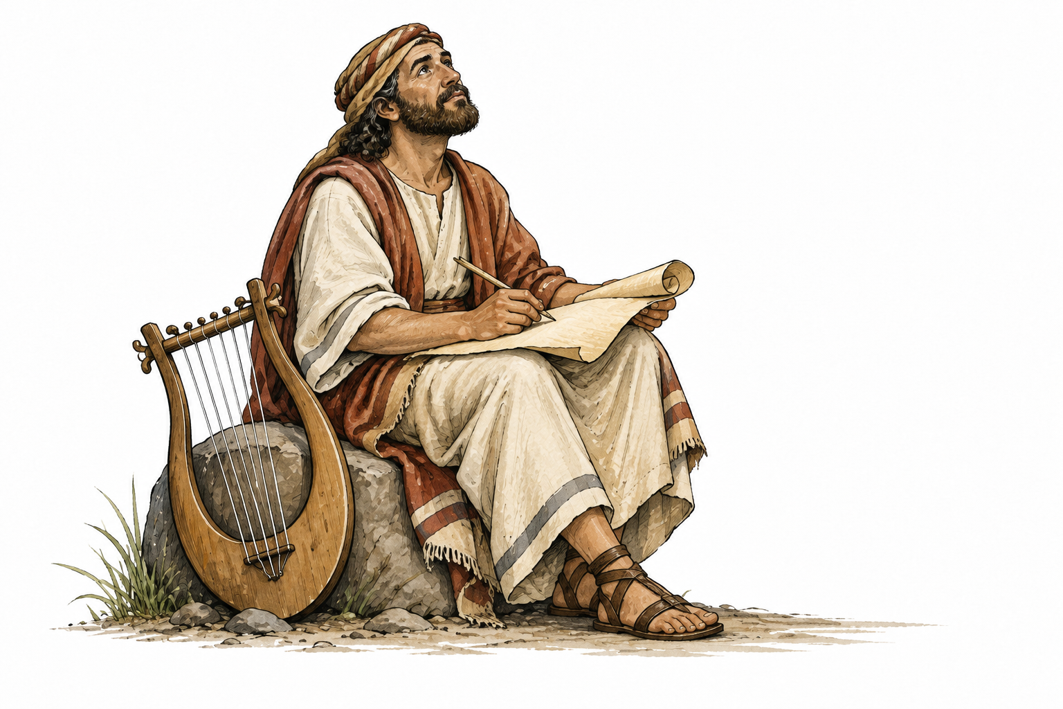 An ancient Hebrew poet writes a sacred song on parchment with a lyre beside him, thoughtful reverent composition.