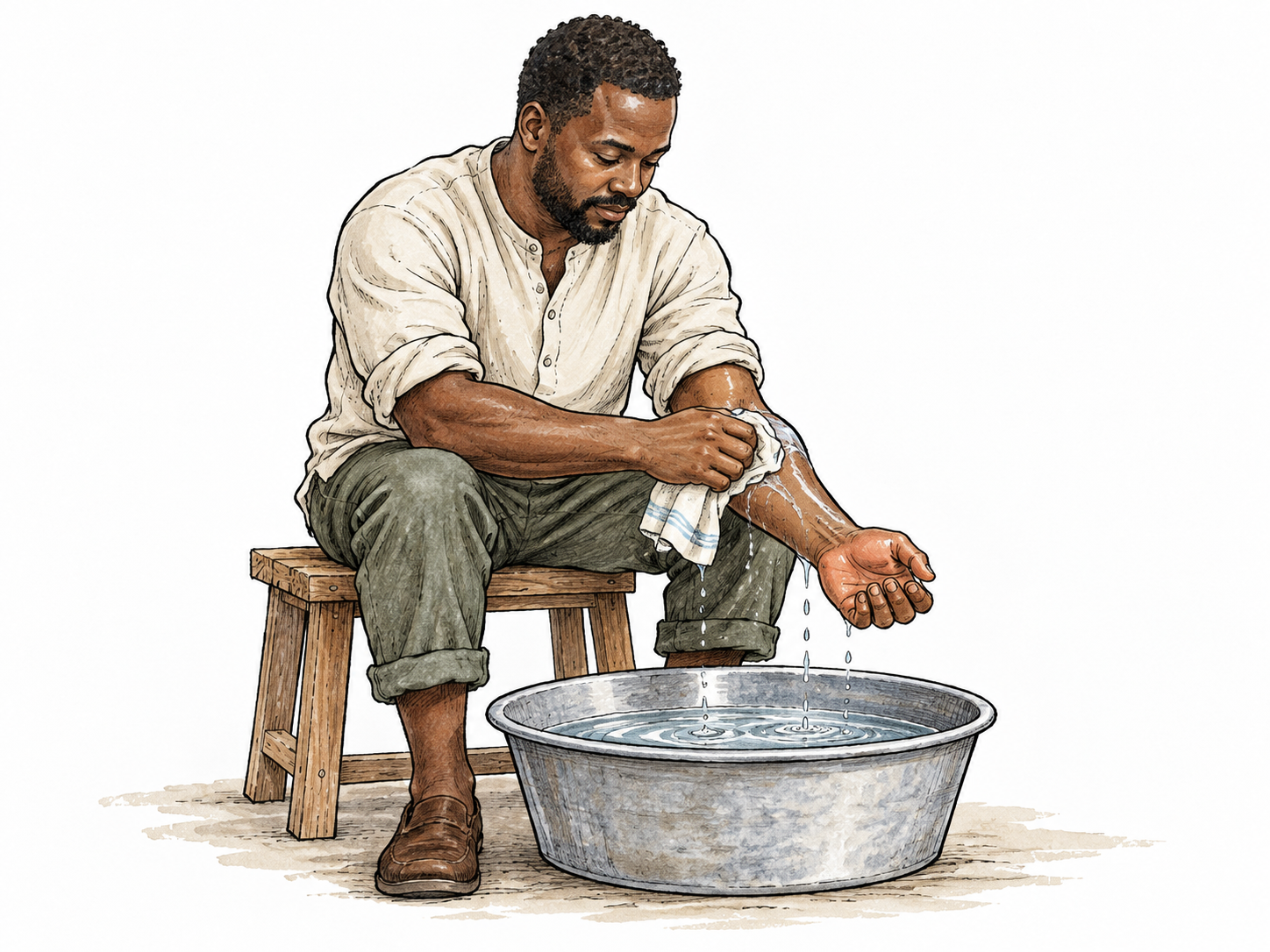 An adult washes both forearms with water from a basin using a cloth, clear cleansing action, simple modest everyday clothes.