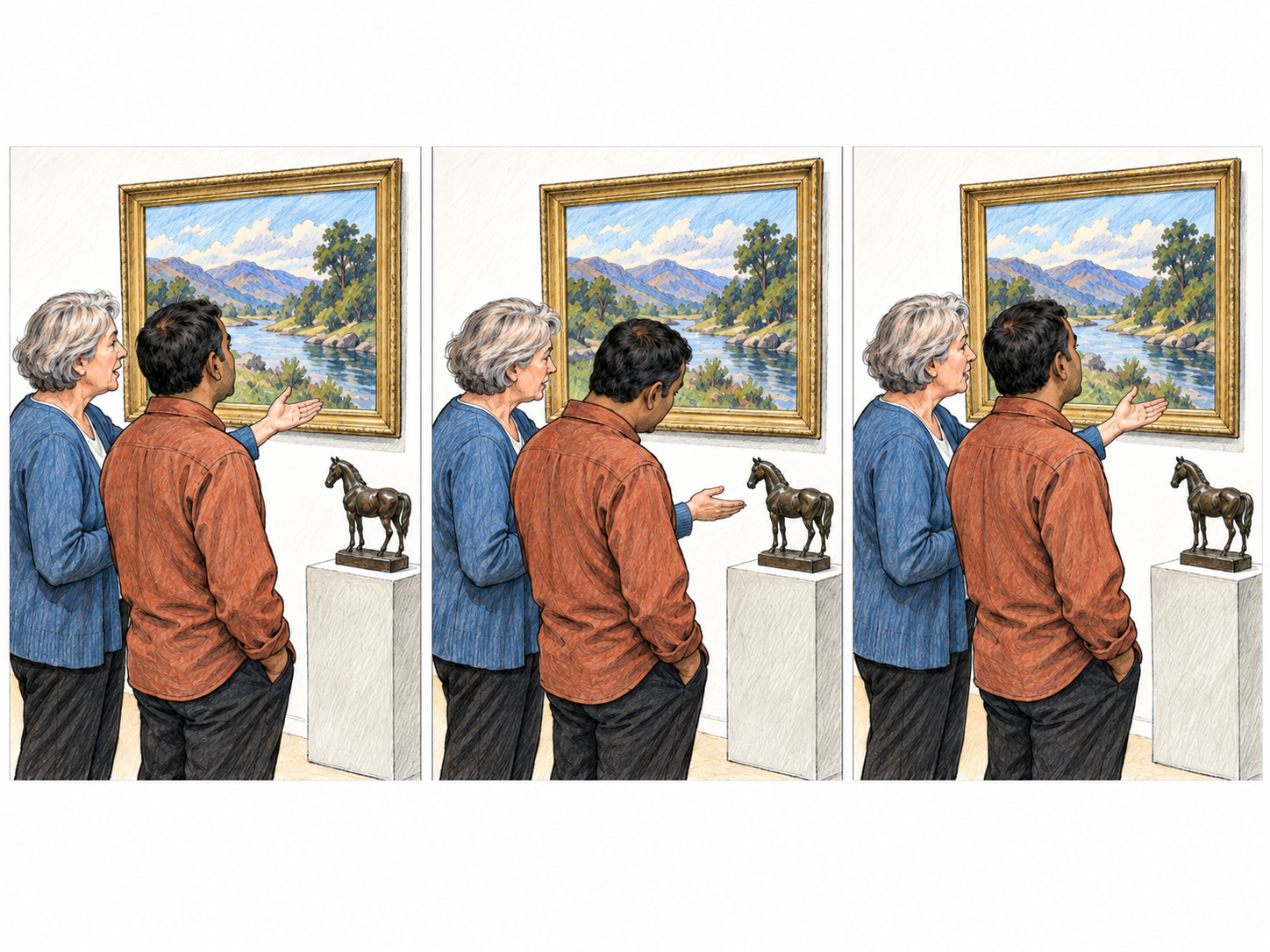A brief spoken reference shown as a passing aside: two museum visitors discuss a painting, momentarily turn toward a nearby sculpture while the speaker gestures toward it, then return to the painting.