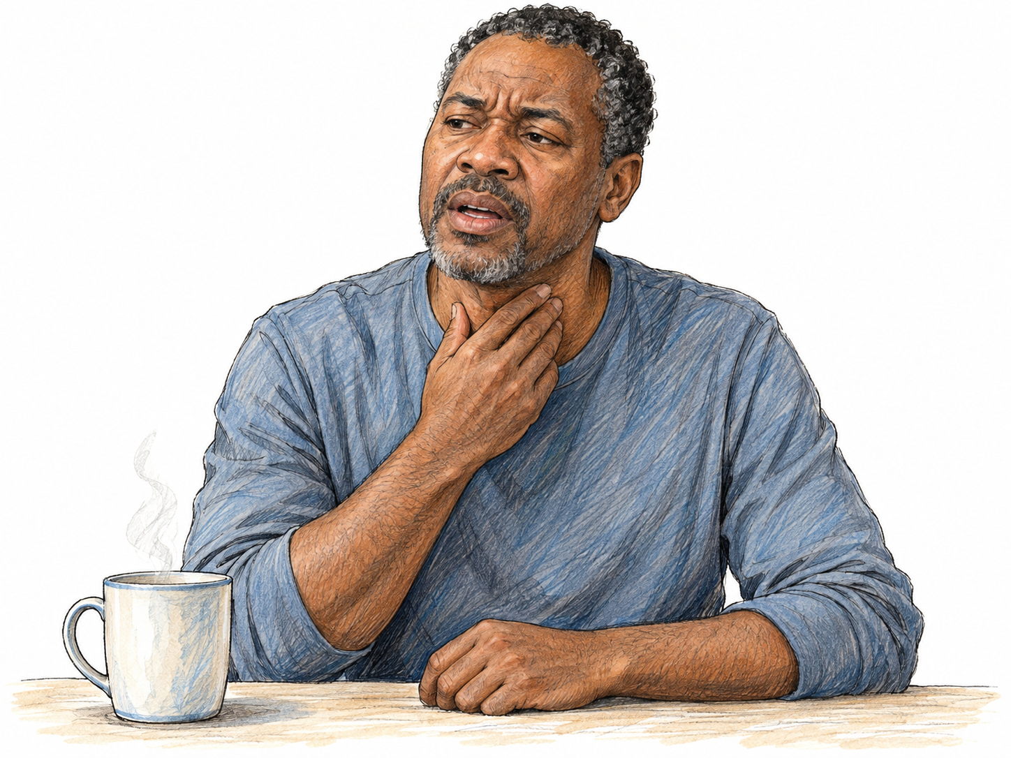 A man pauses while trying to speak, gently touching his throat with a strained expression; a plain mug of warm water nearby suggests care for an irritated voice.