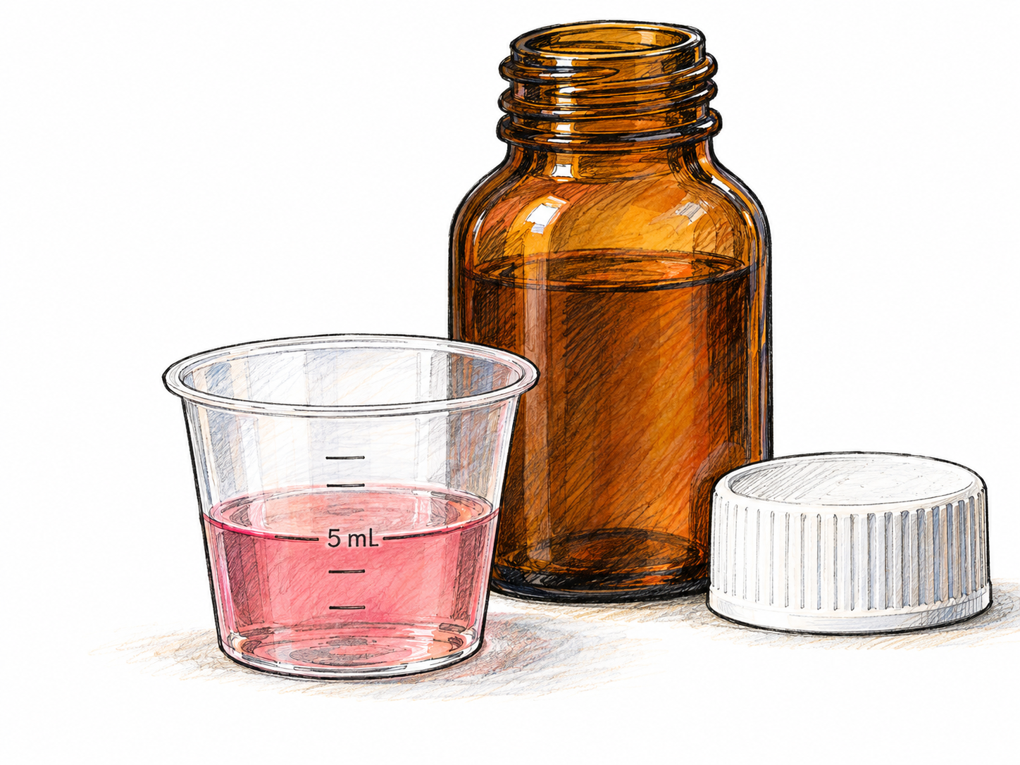 A small graduated medicine cup holds precisely 5 mL of liquid medicine beside an open amber medicine bottle, making the measured portion the focal point.