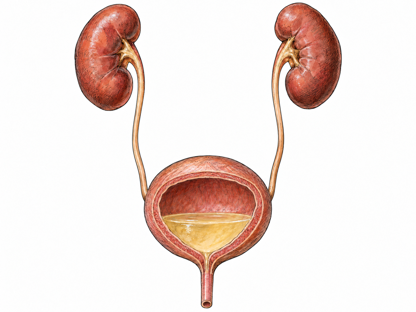 An isolated anatomical cutaway of the urinary system, with a large, partially filled bladder as the focal point.