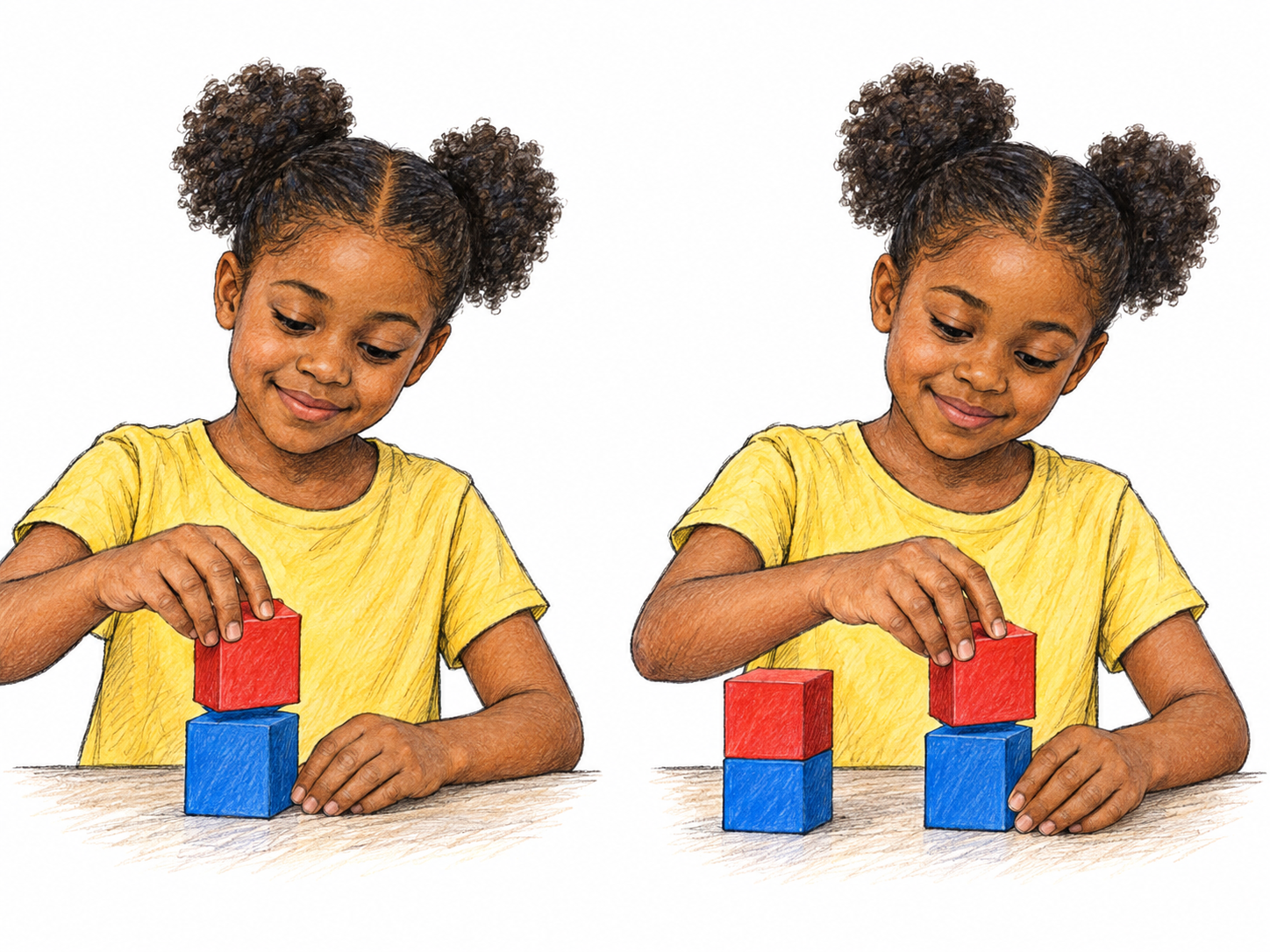 Two side-by-side moments of the same child repeating a block-building action: at left she places a red cube onto a blue cube; at right she performs the identical action with a second red and blue pair beside the first completed little tower.