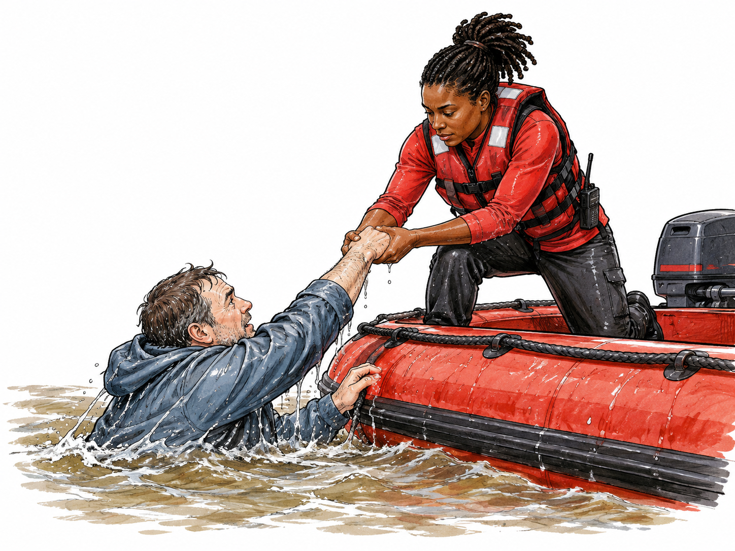 A lifeguard helps an exhausted adult from floodwater onto a secure rescue boat, rescue from immediate danger, everyone clothed and no injury.