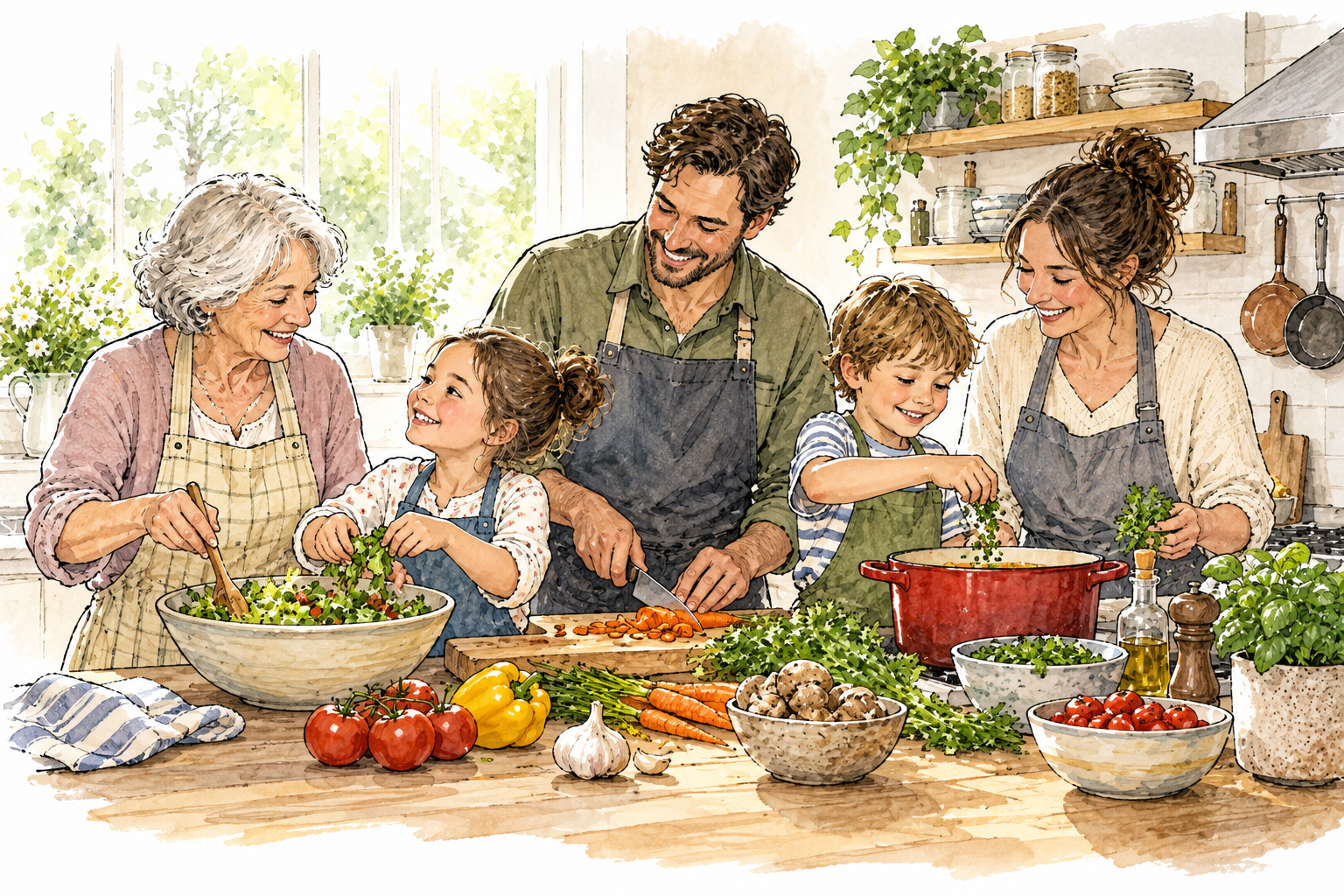 Parents children and grandparent cook together in warm modern kitchen, natural mixed ages and related people, no text.