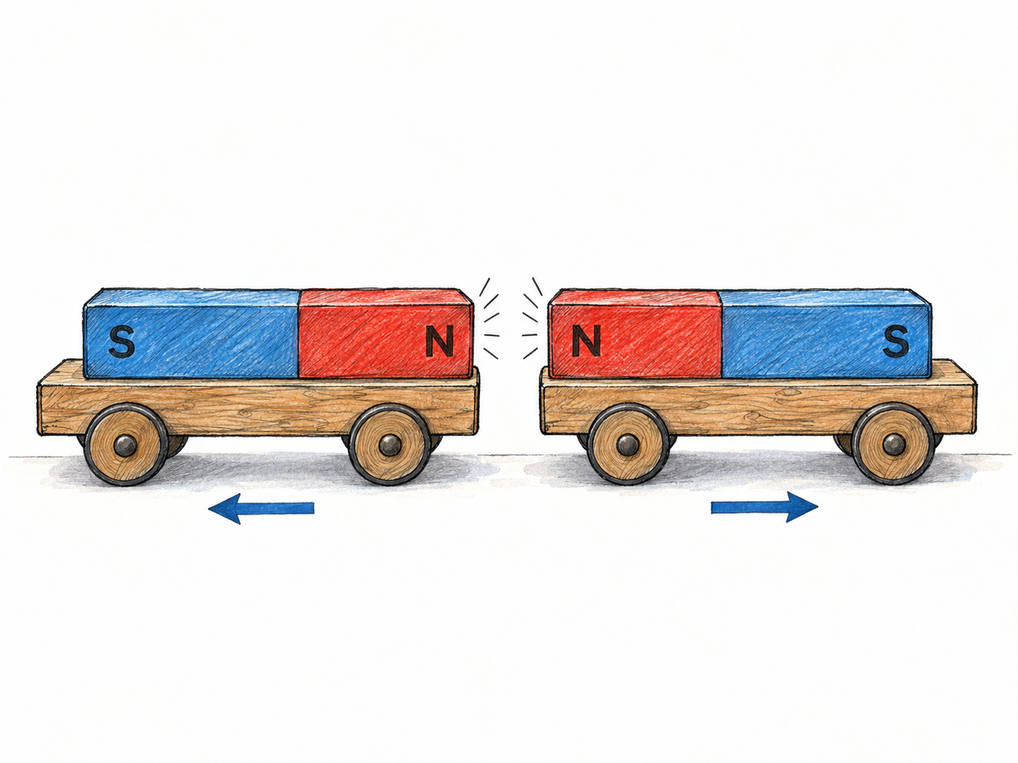 Two bar magnets on small freely rolling carts repel one another: their matching north poles face across a narrow gap, and short outward motion arrows show both carts being driven apart.