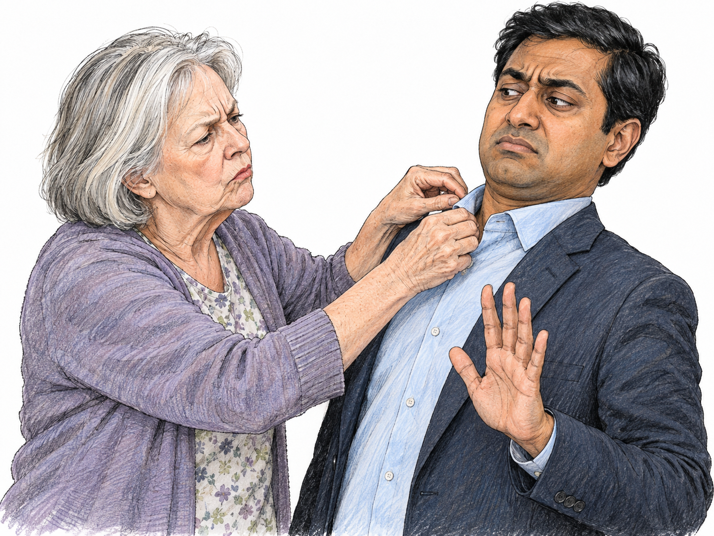 An older woman fussily straightens a younger adult's already neat collar while he leans away, visibly irritated by the unwanted adjustment.