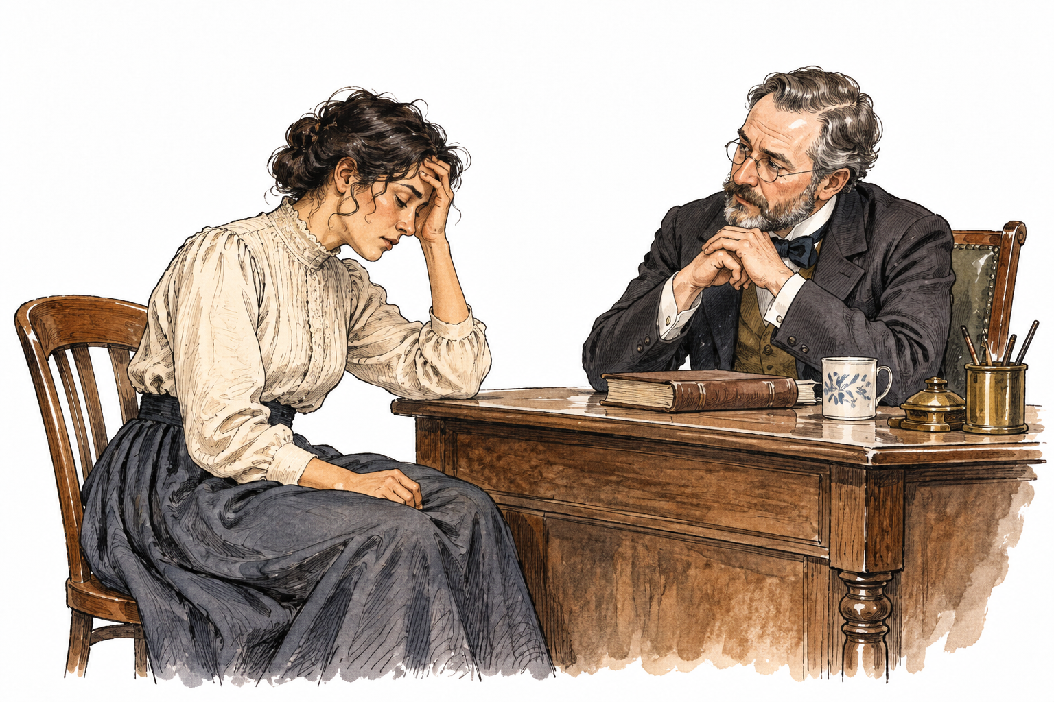 A historical late nineteenth century consultation: fatigued adult seated at an unlettered desk while a clinician listens kindly, subtle period clothing, no medical diagram and no writing.
